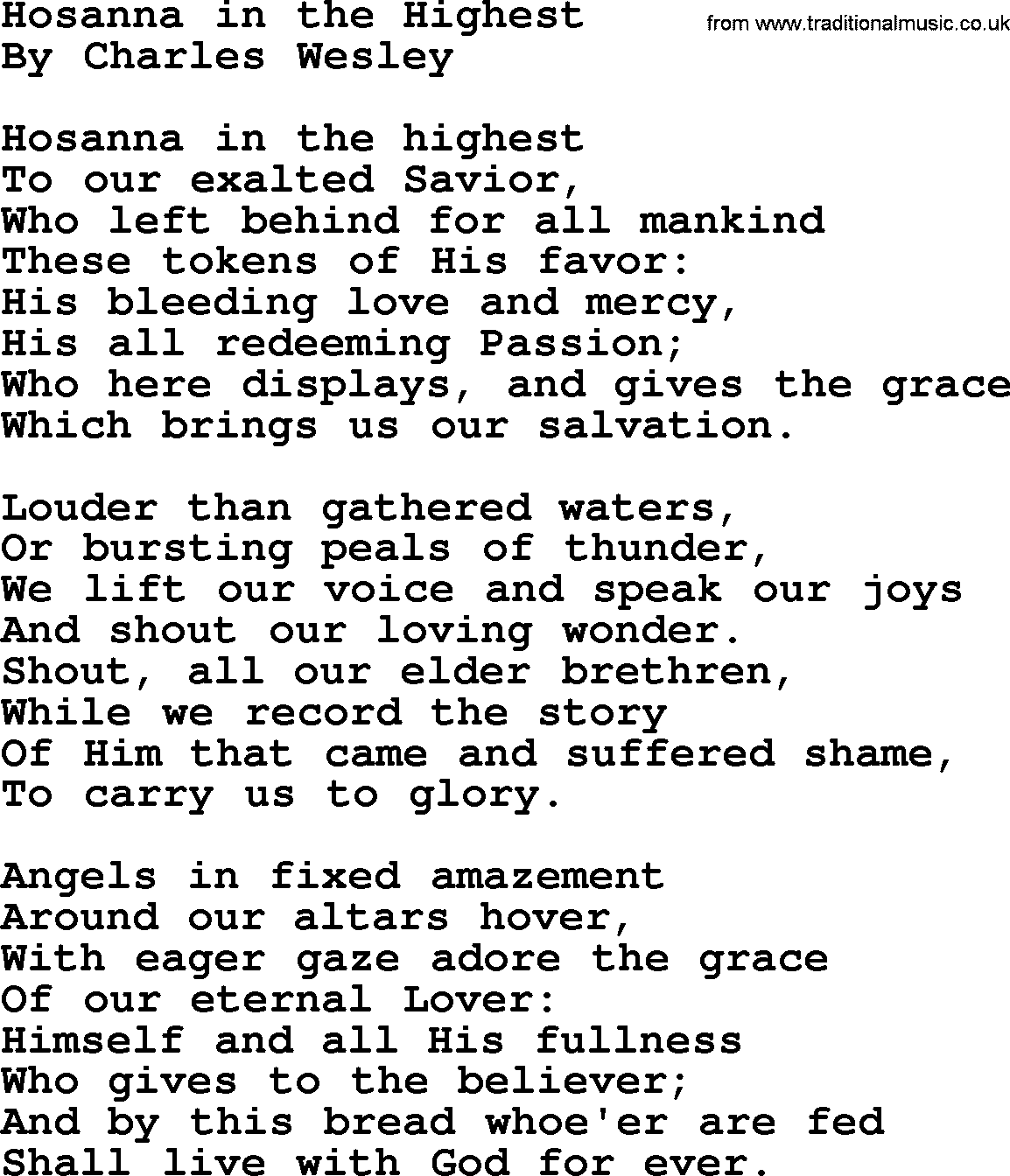 Charles Wesley hymn: Hosanna in the Highest, lyrics