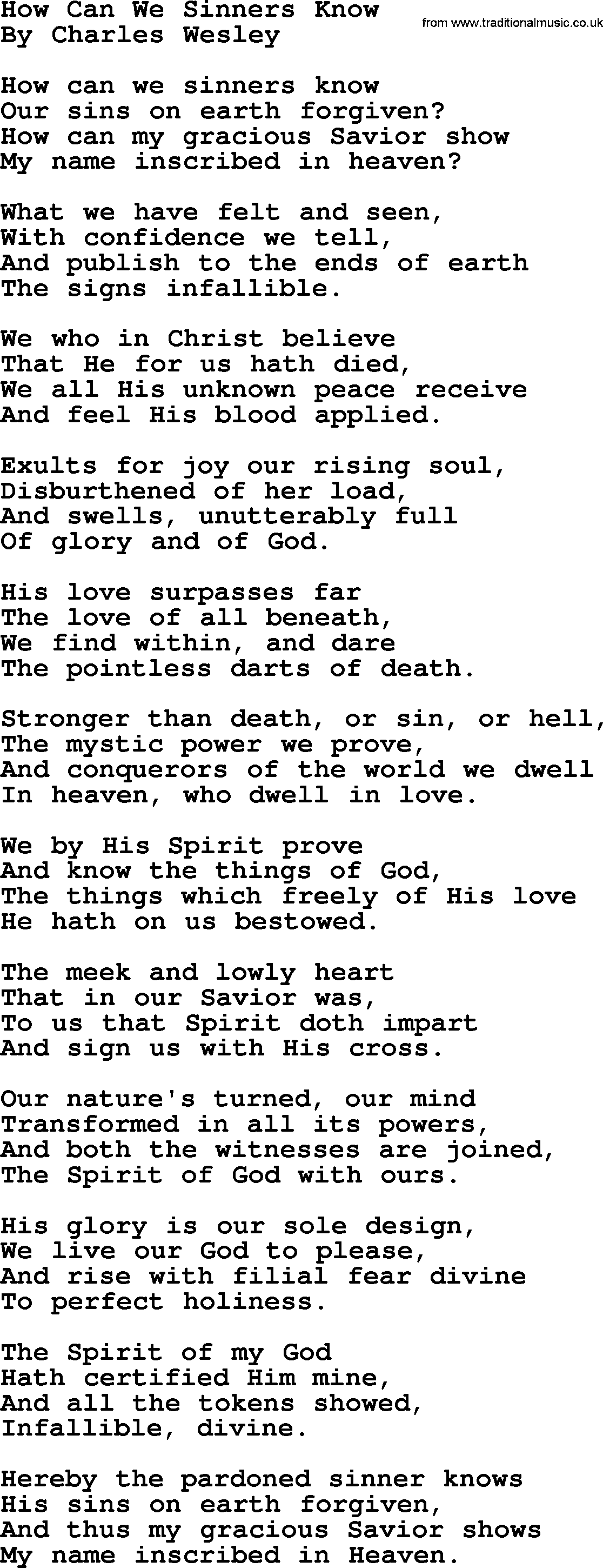 Charles Wesley hymn: How Can We Sinners Know, lyrics