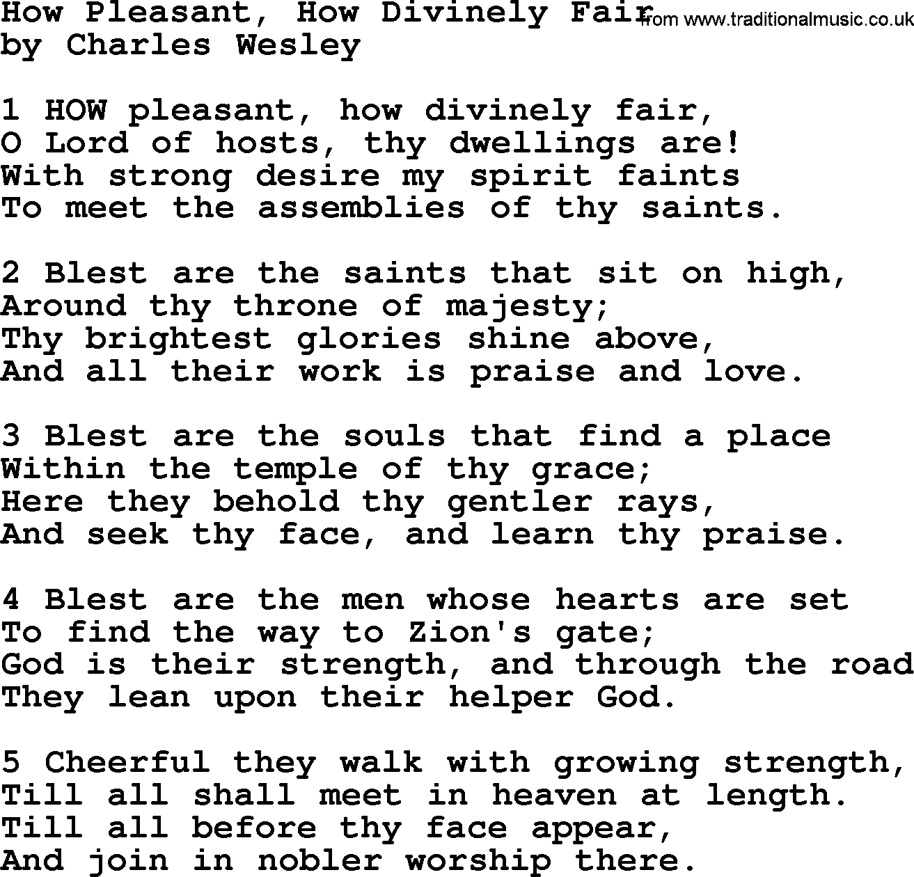 Charles Wesley hymn: How Pleasant, How Divinely Fair, lyrics