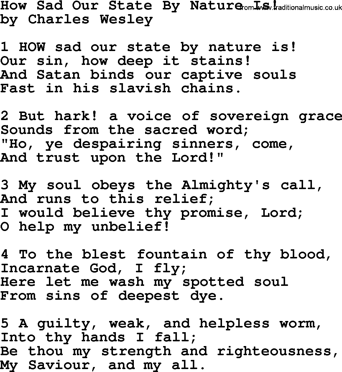 Charles Wesley hymn: How Sad Our State By Nature Is!, lyrics