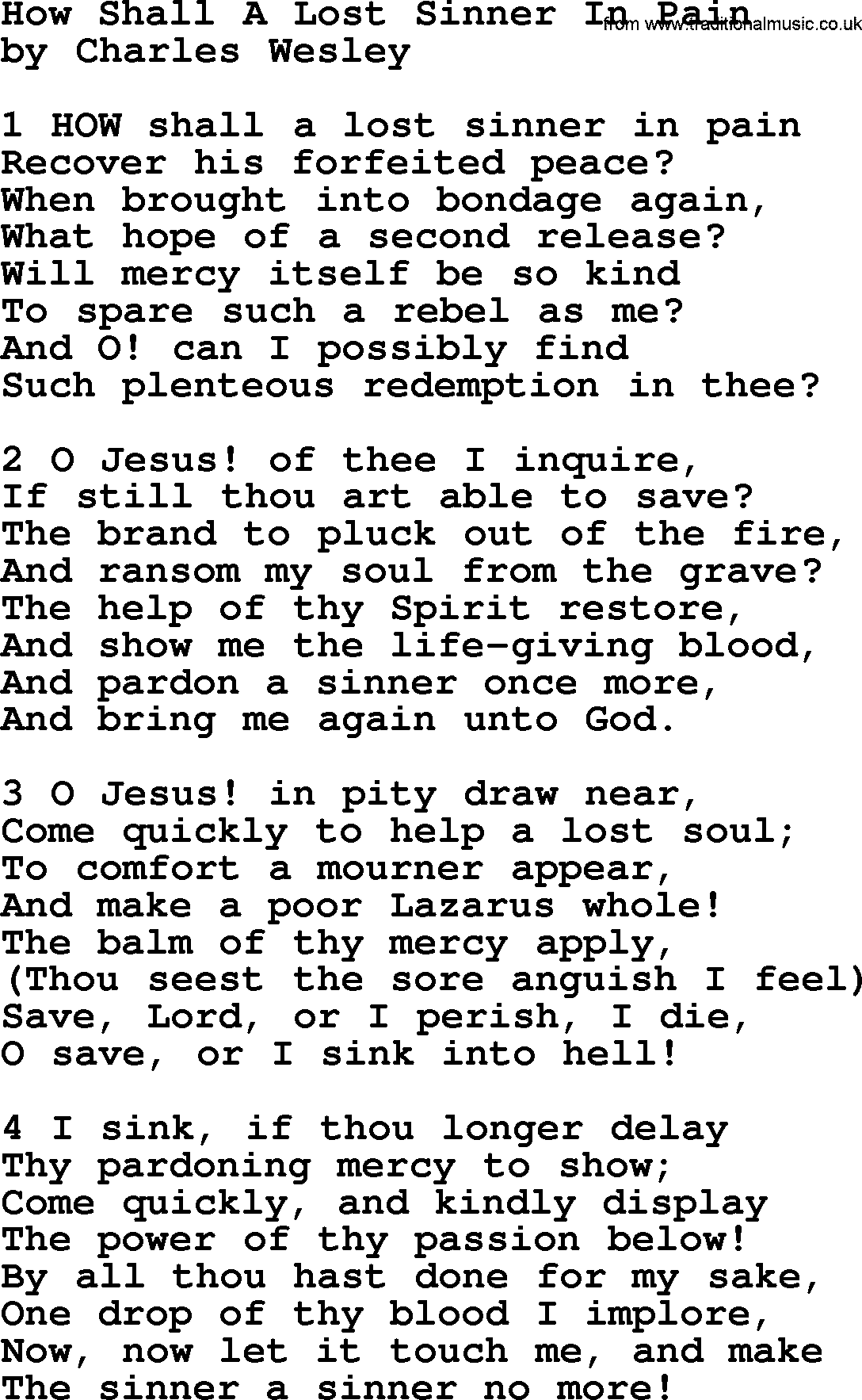 Charles Wesley hymn: How Shall A Lost Sinner In Pain, lyrics
