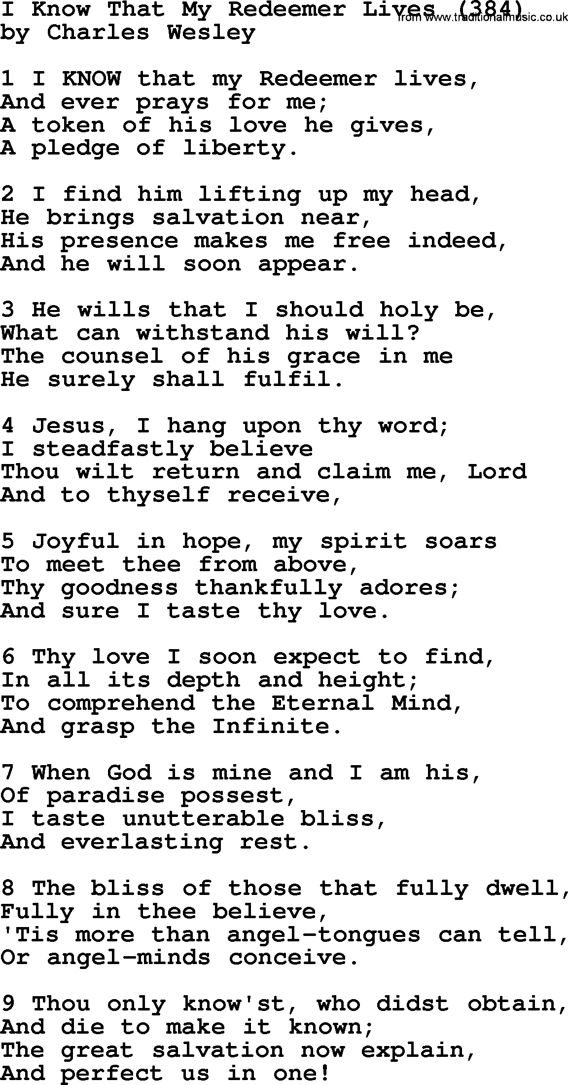 Charles Wesley hymn: I Know That My Redeemer Lives (384), lyrics