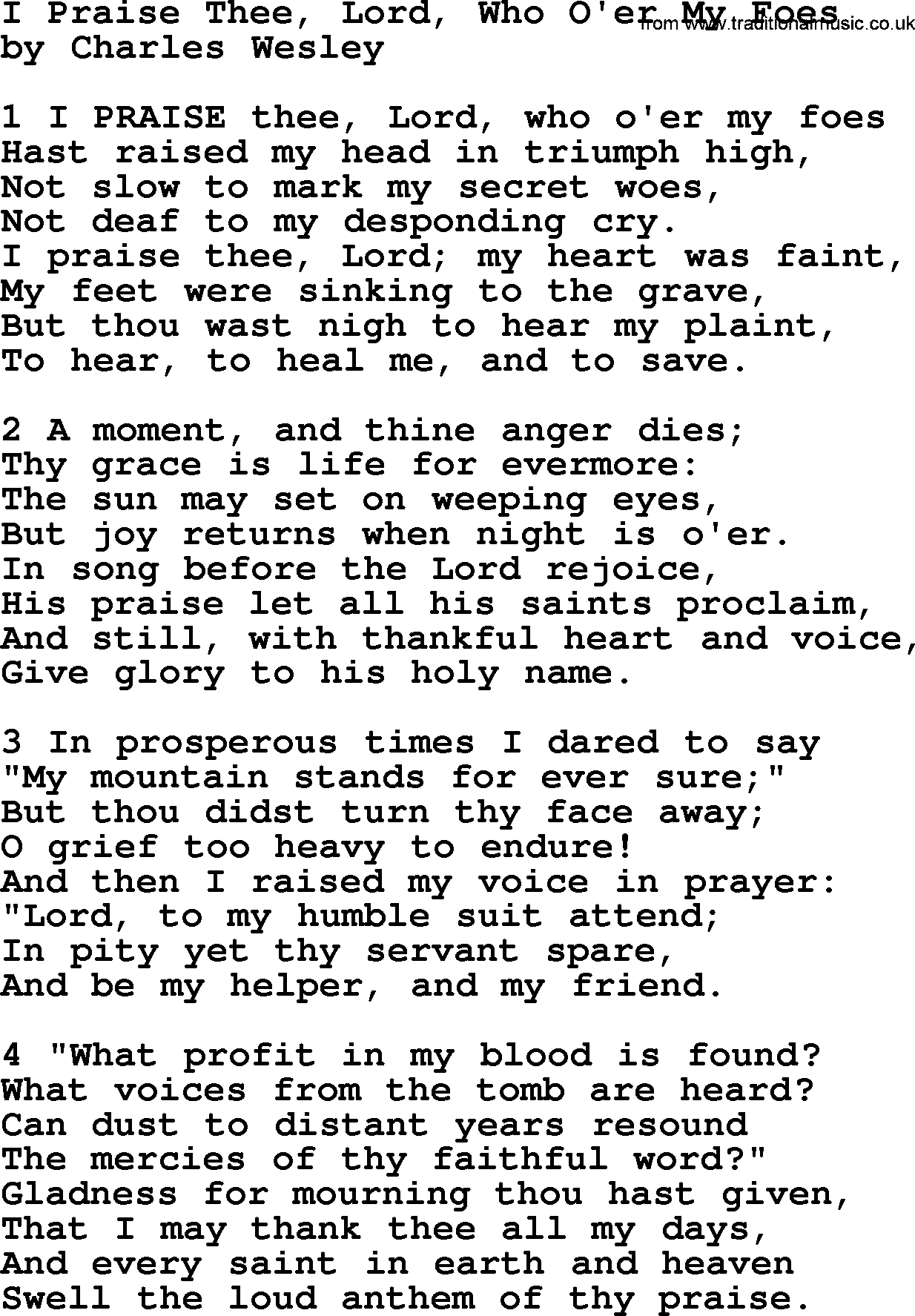 Charles Wesley hymn: I Praise Thee, Lord, Who O'er My Foes, lyrics