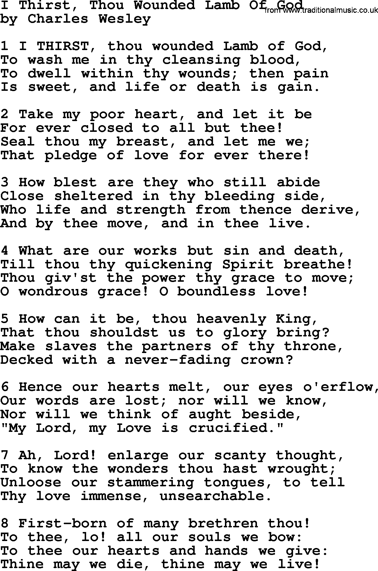 Charles Wesley hymn: I Thirst, Thou Wounded Lamb Of God, lyrics