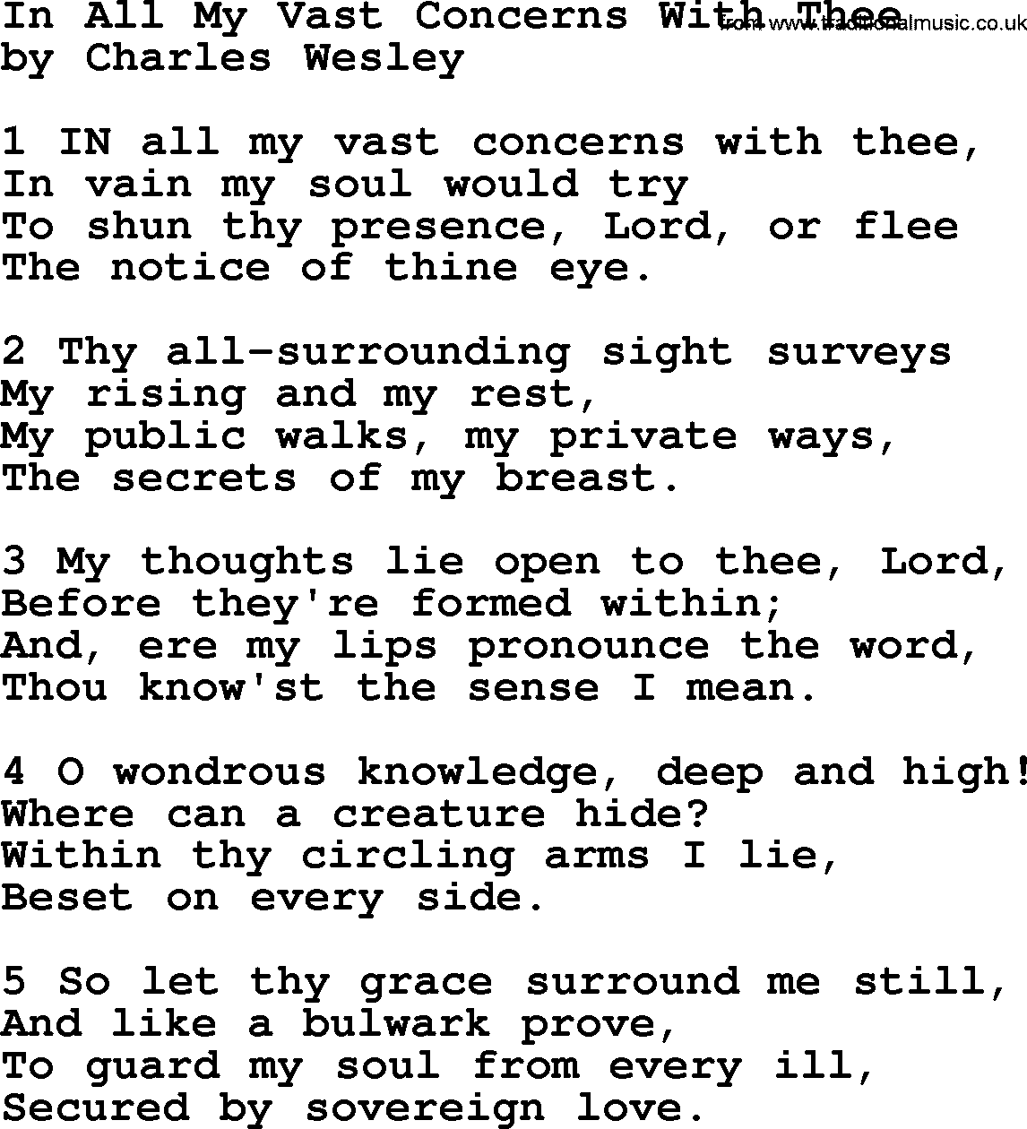 Charles Wesley hymn: In All My Vast Concerns With Thee, lyrics