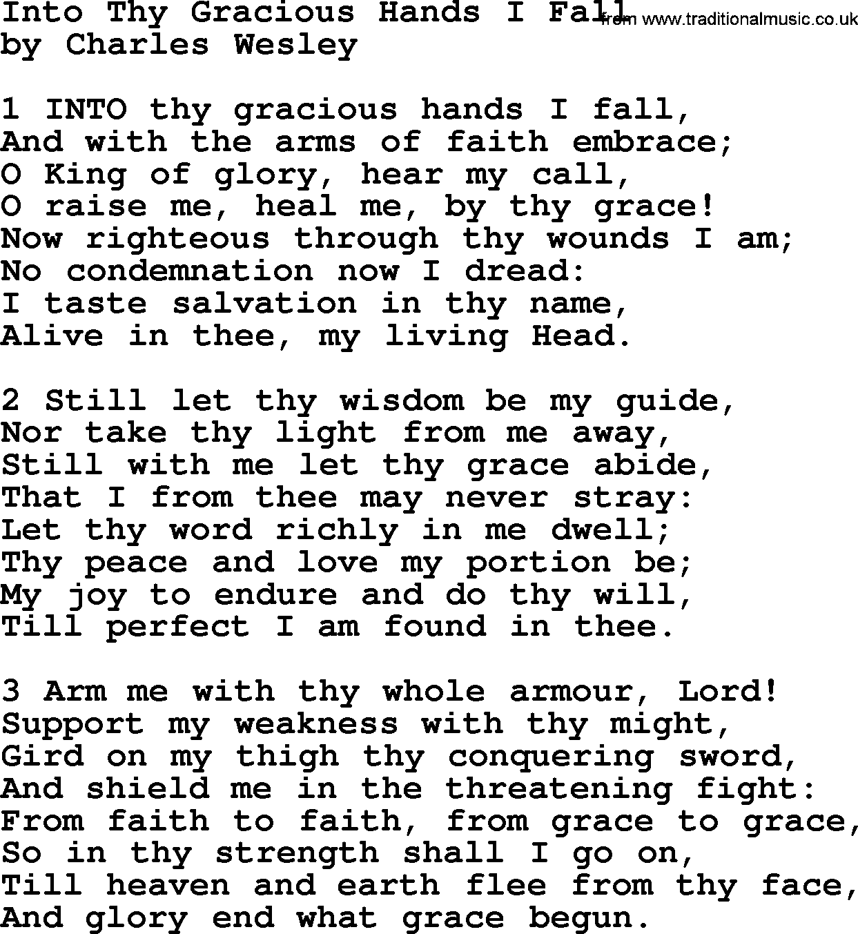Charles Wesley hymn: Into Thy Gracious Hands I Fall, lyrics