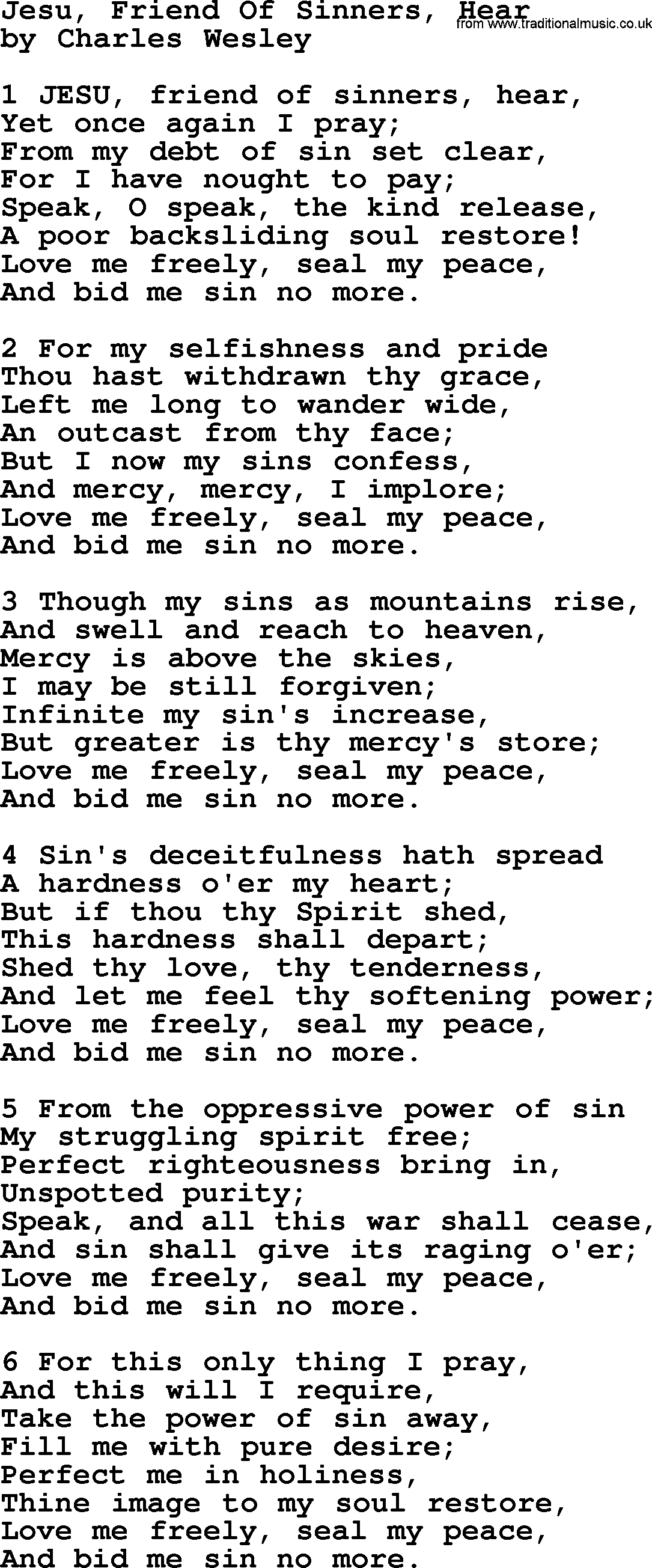 Charles Wesley hymn: Jesu, Friend Of Sinners, Hear, lyrics