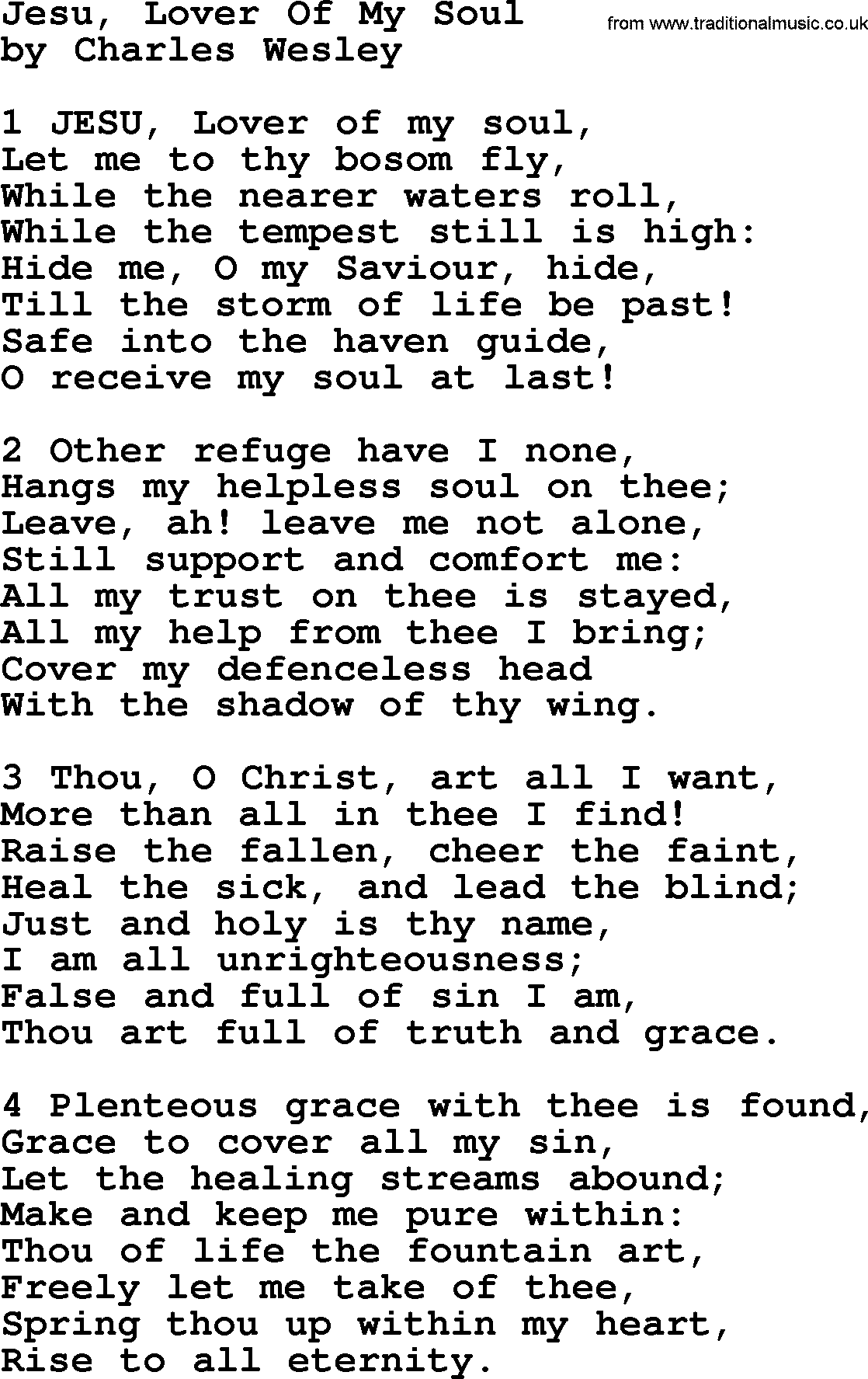 Charles Wesley hymn: Jesu, Lover Of My Soul, lyrics