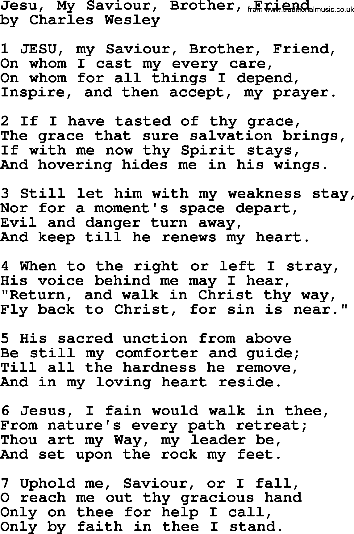 Charles Wesley hymn: Jesu, My Saviour, Brother, Friend, lyrics