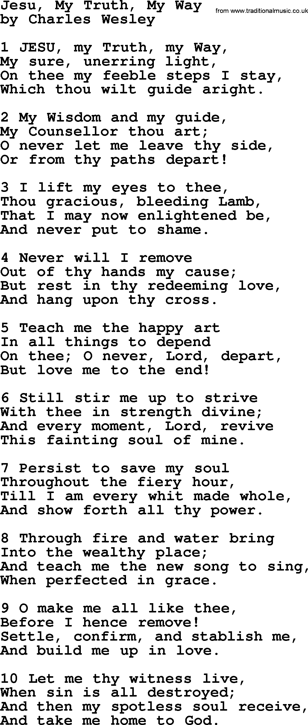 Charles Wesley hymn: Jesu, My Truth, My Way, lyrics