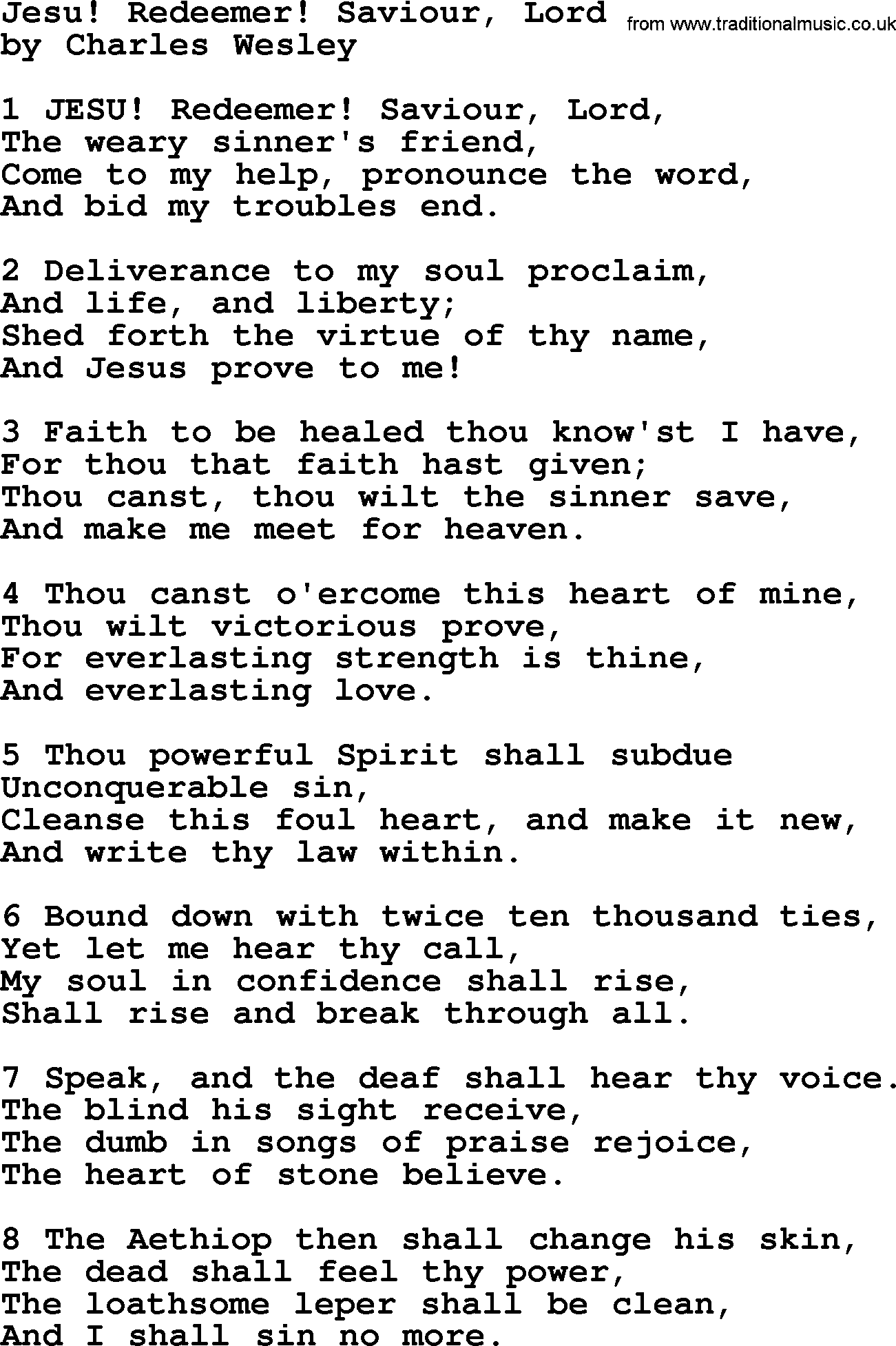 Charles Wesley hymn: Jesu! Redeemer! Saviour, Lord, lyrics
