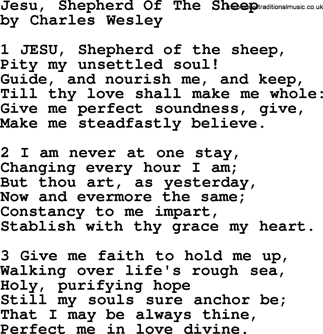 Charles Wesley hymn: Jesu, Shepherd Of The Sheep, lyrics