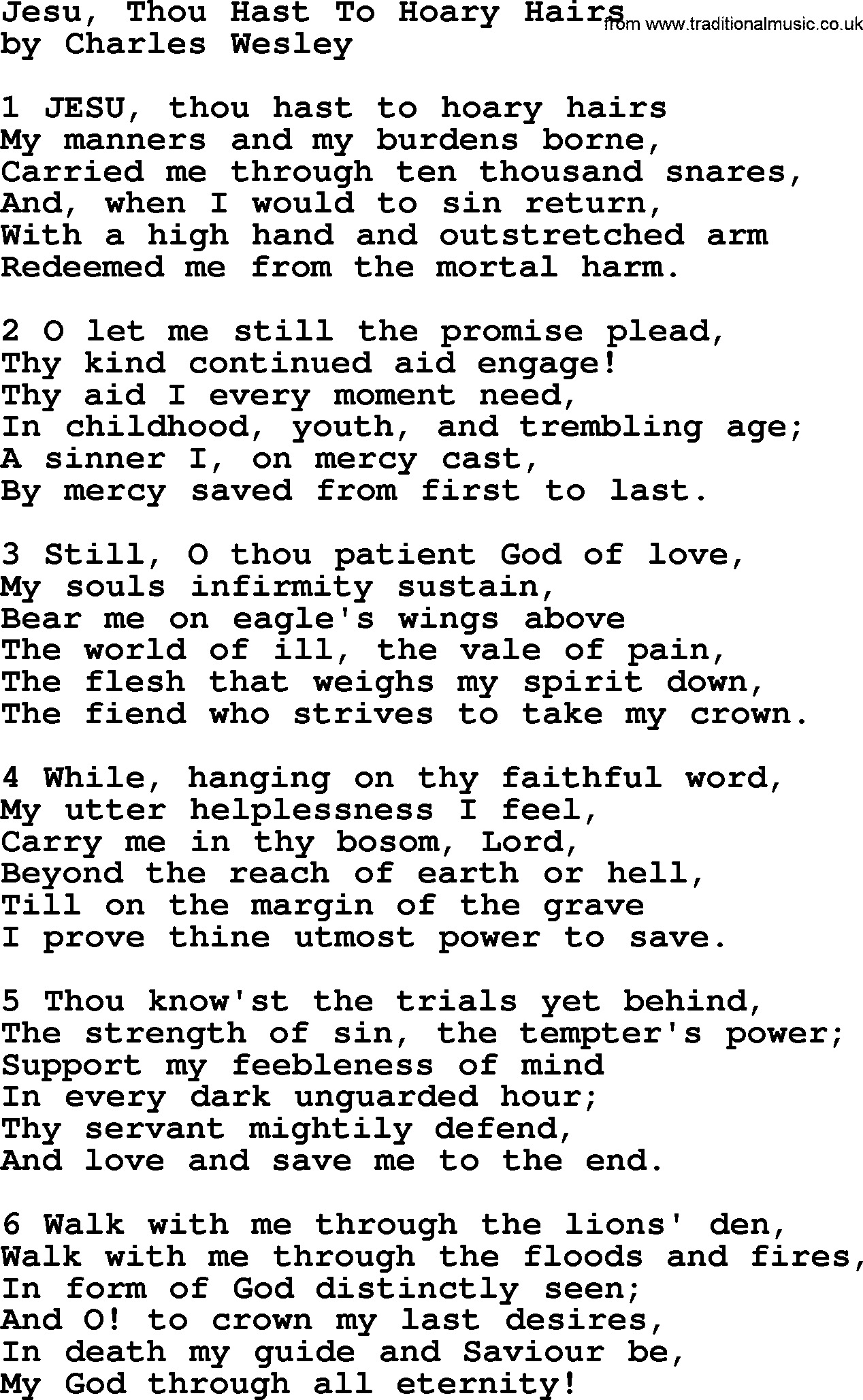 Charles Wesley hymn: Jesu, Thou Hast To Hoary Hairs, lyrics