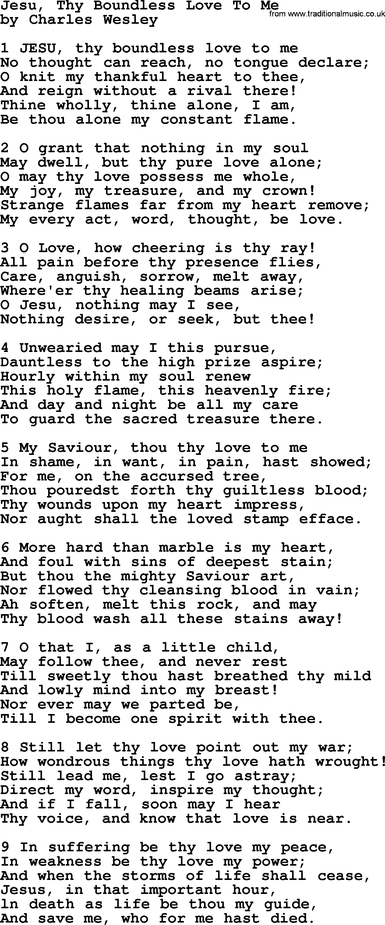 Charles Wesley hymn: Jesu, Thy Boundless Love To Me, lyrics