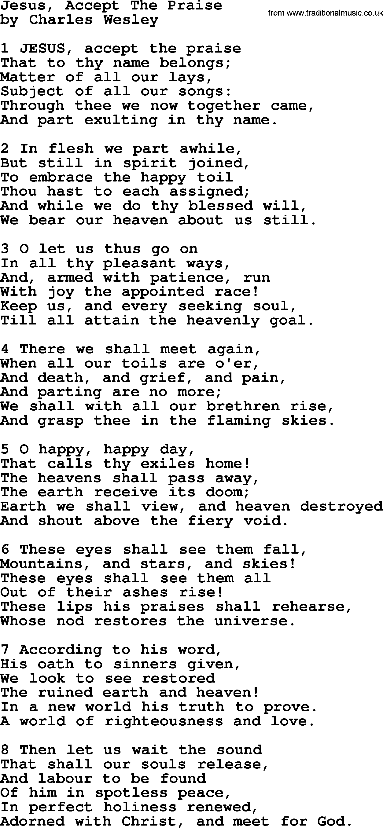 Charles Wesley hymn: Jesus, Accept The Praise, lyrics
