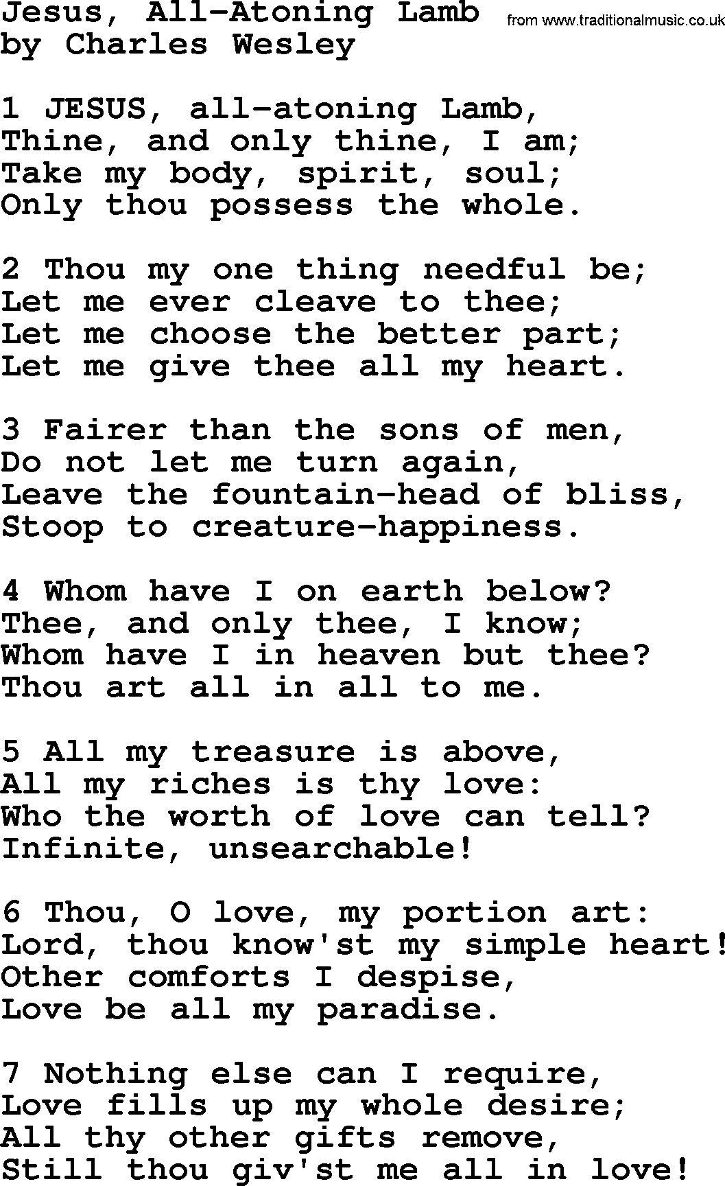Charles Wesley hymn: Jesus, All-Atoning Lamb, lyrics