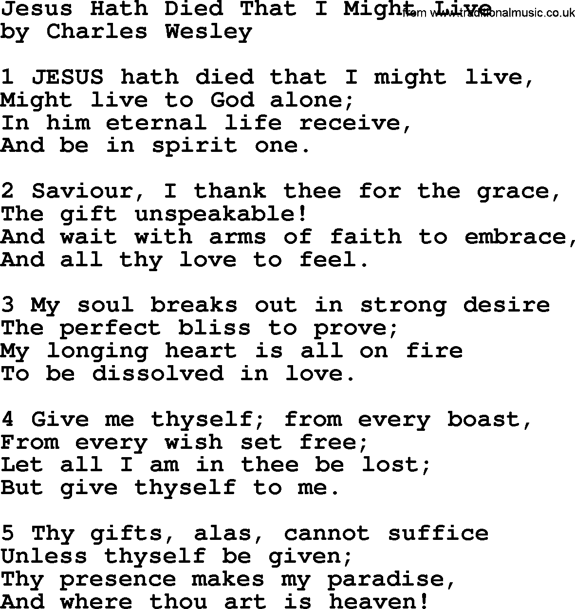Charles Wesley hymn: Jesus Hath Died That I Might Live, lyrics