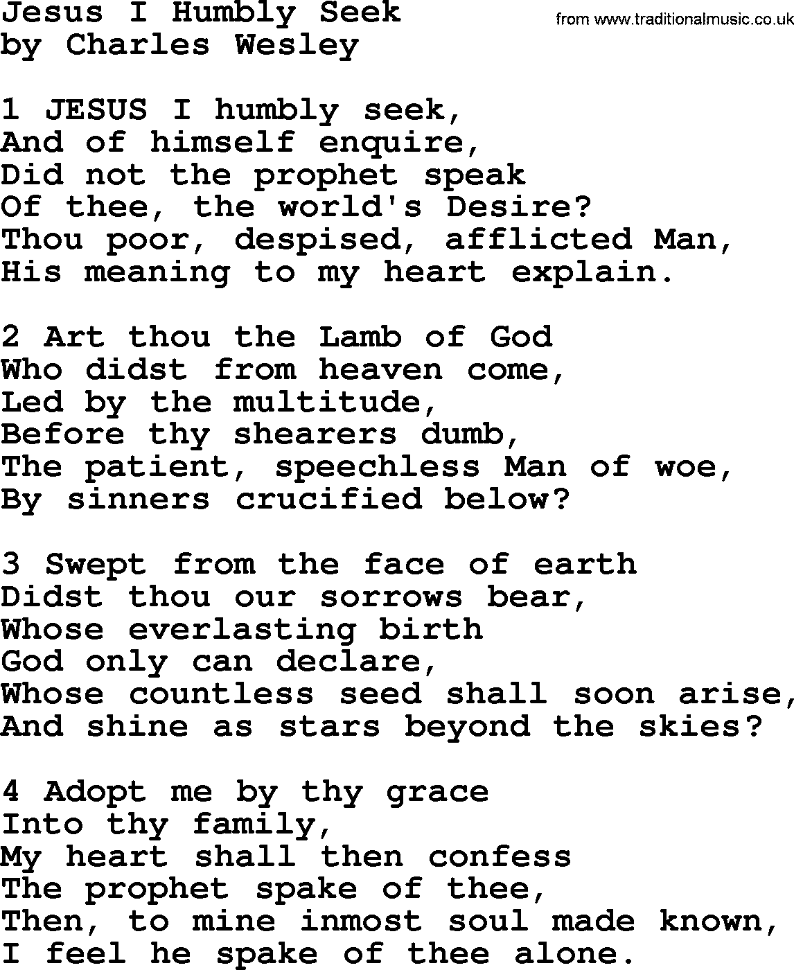 Charles Wesley hymn: Jesus I Humbly Seek, lyrics