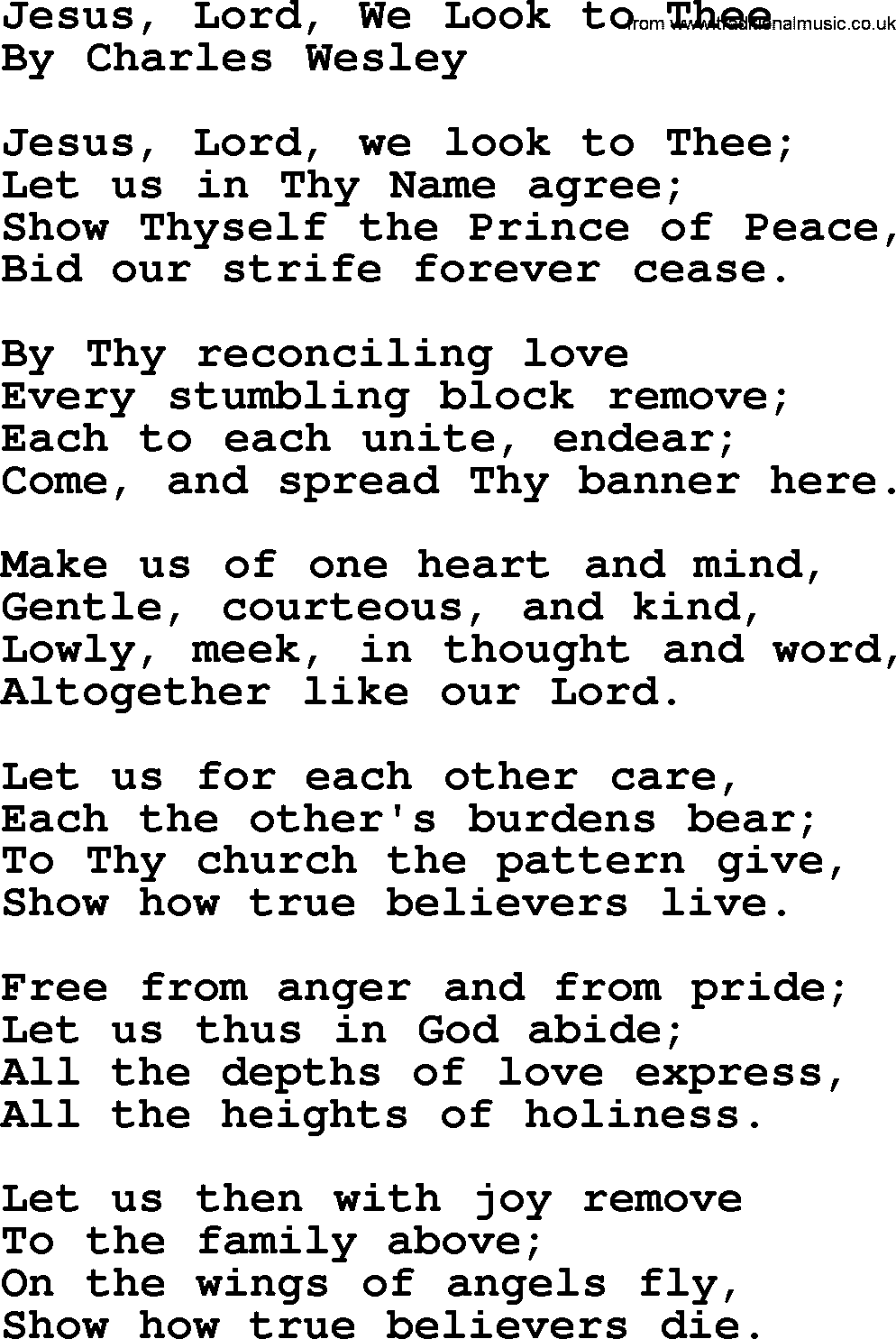 Charles Wesley hymn: Jesus, Lord, We Look To Thee, lyrics