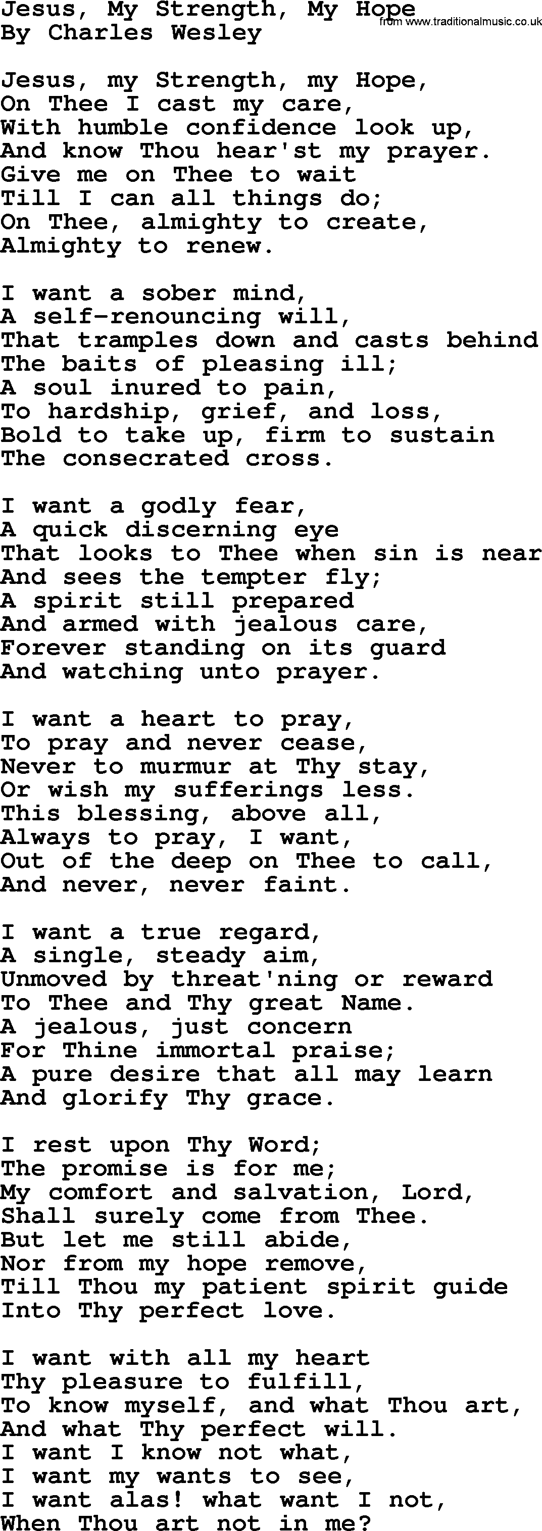 Charles Wesley hymn: Jesus, My Strength, My Hope, lyrics
