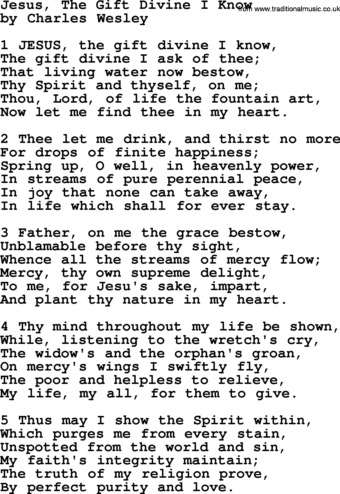 Charles Wesley hymn: Jesus, The Gift Divine I Know, lyrics