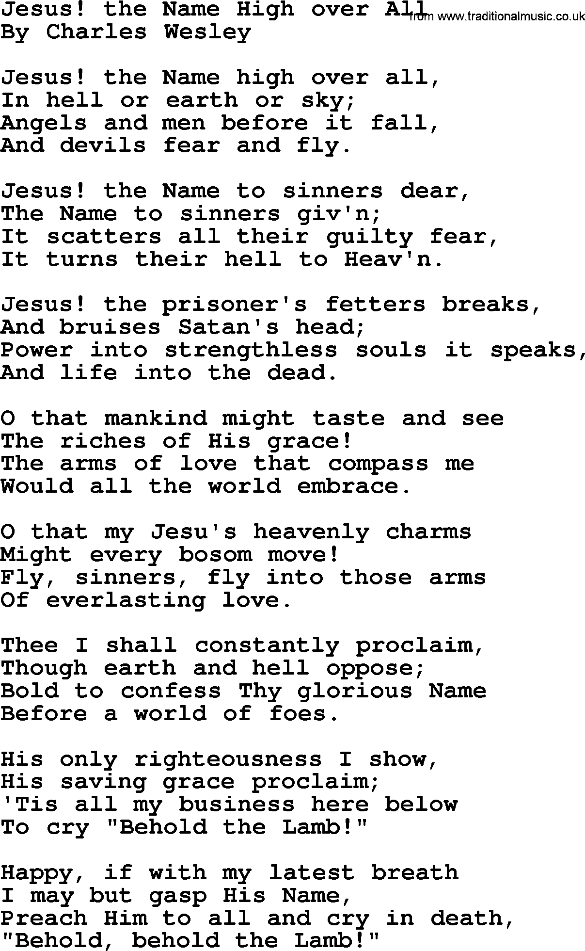 Charles Wesley hymn: Jesus! the Name High over All, lyrics