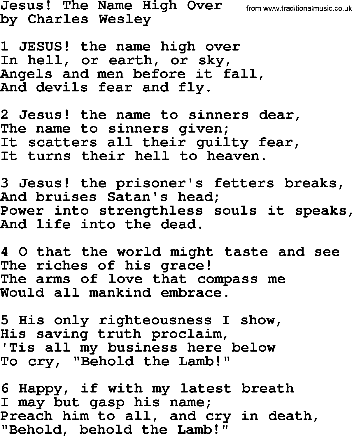 Charles Wesley hymn: Jesus! The Name High Over, lyrics