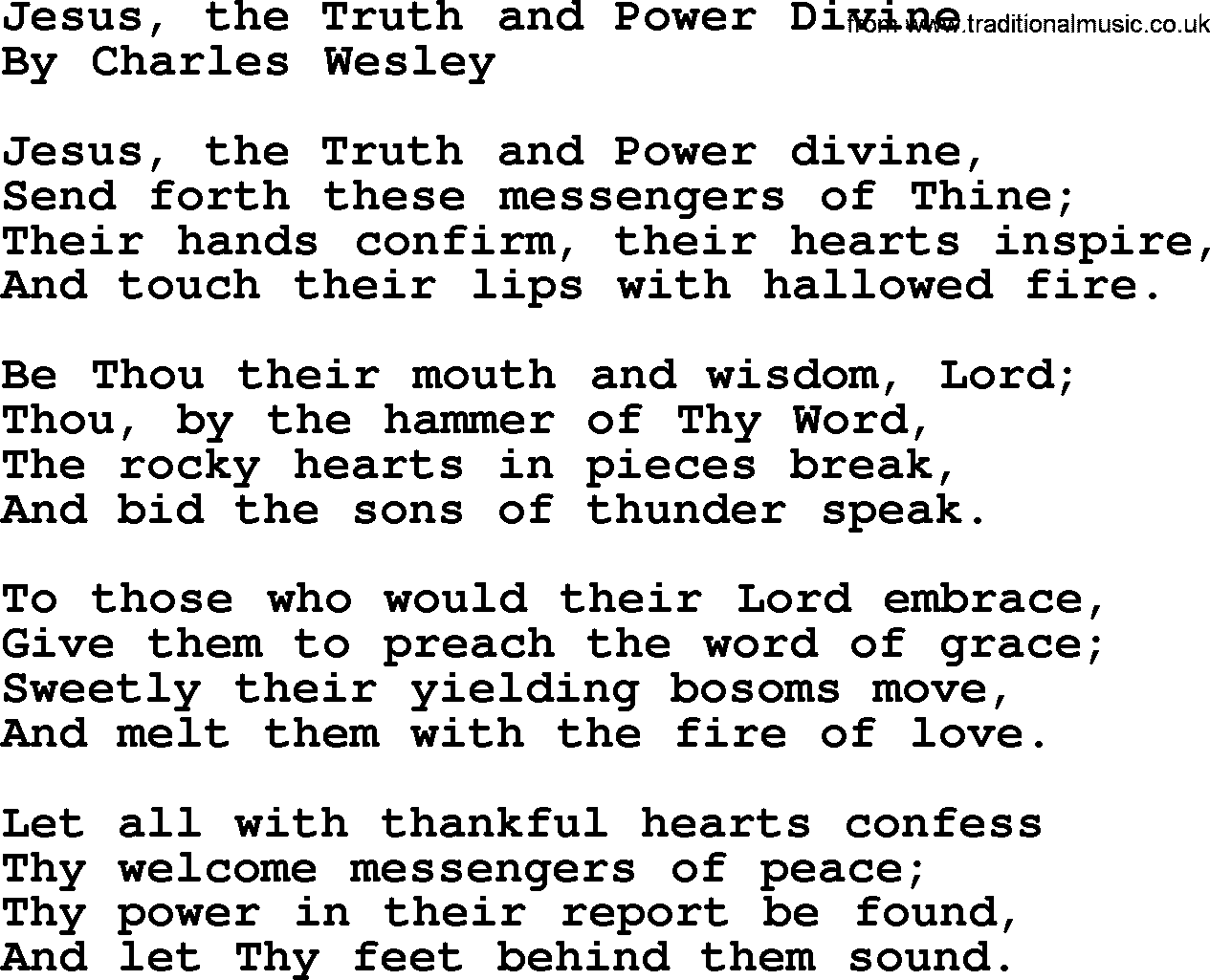 Charles Wesley hymn: Jesus, the Truth and Power Divine, lyrics