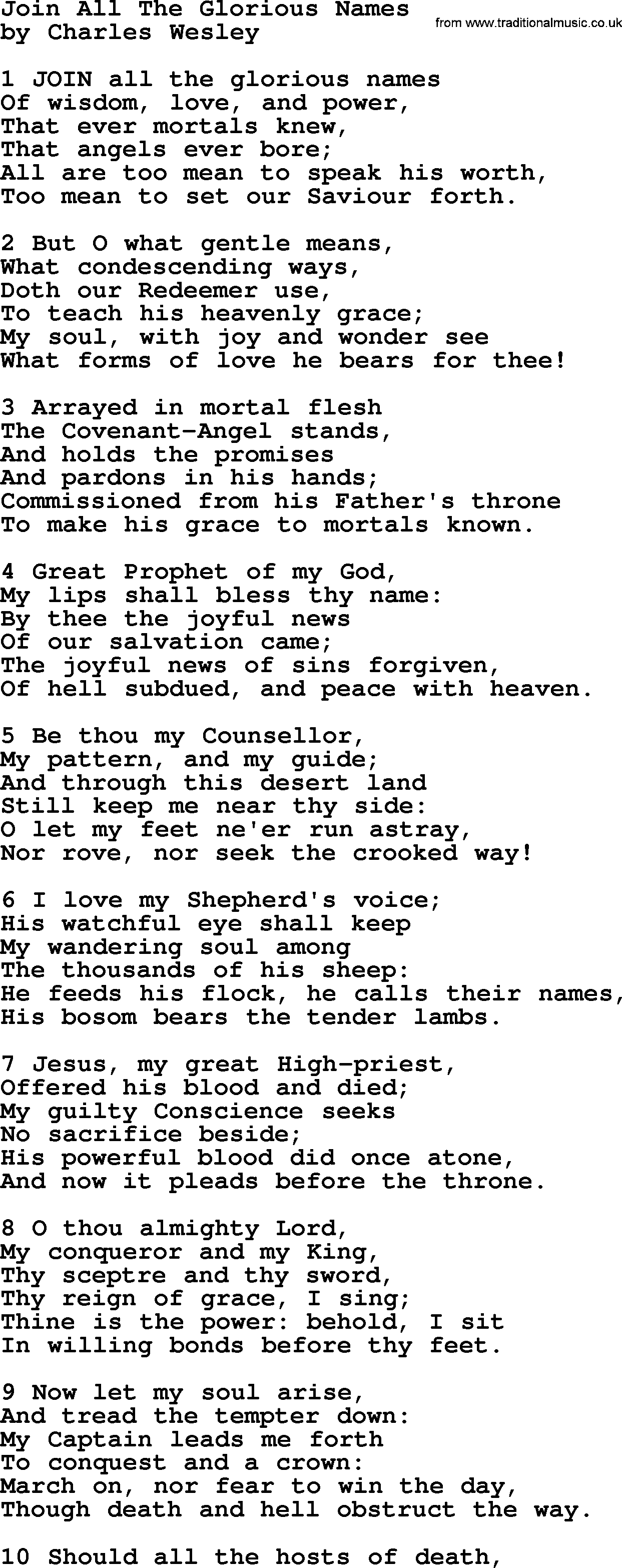 Charles Wesley hymn: Join All The Glorious Names, lyrics