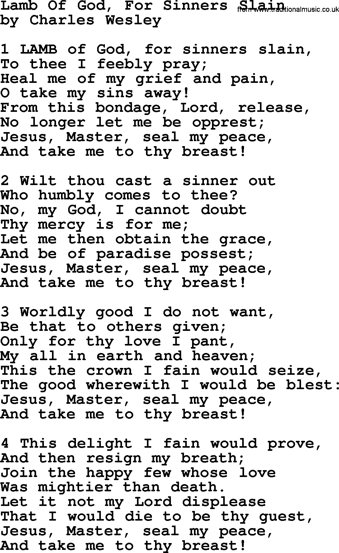 Charles Wesley hymn: Lamb Of God, For Sinners Slain, lyrics