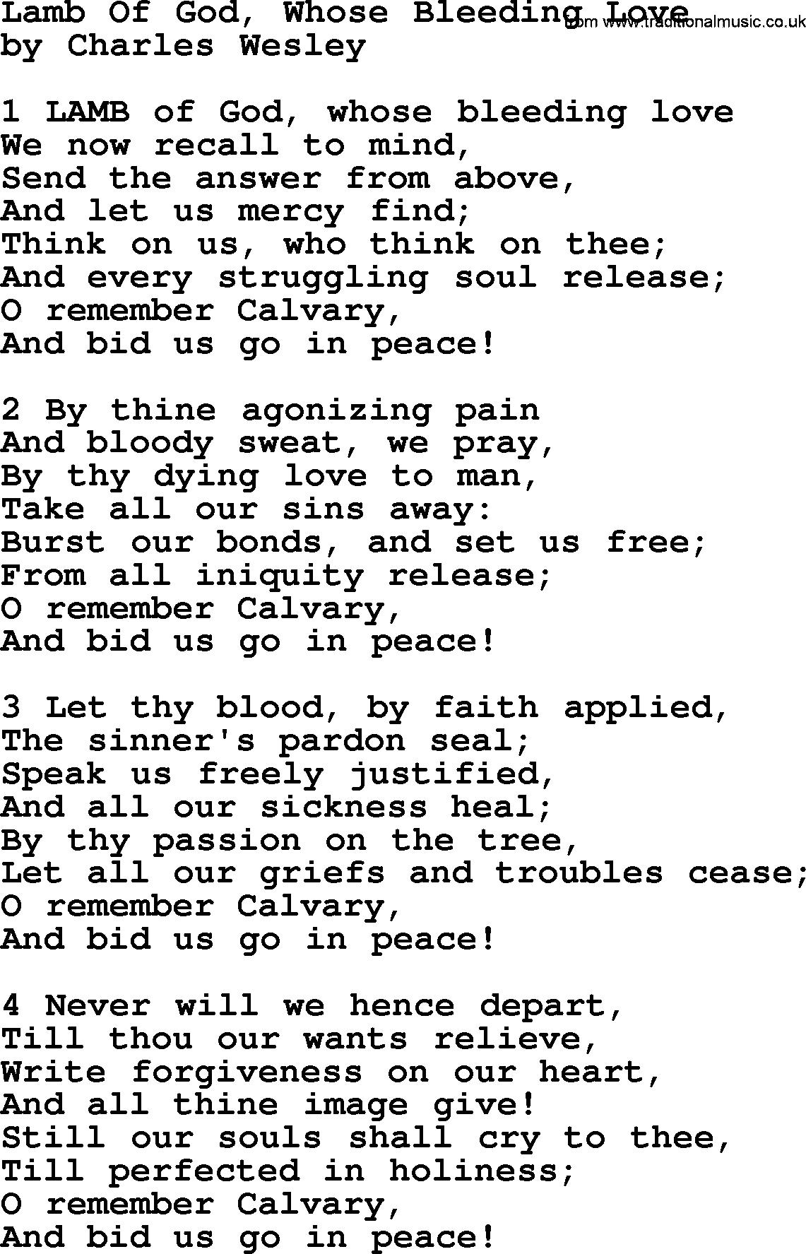 Charles Wesley hymn: Lamb Of God, Whose Bleeding Love, lyrics