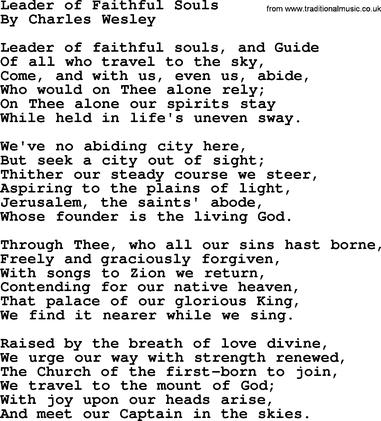 Charles Wesley hymn: Leader of Faithful Souls, lyrics