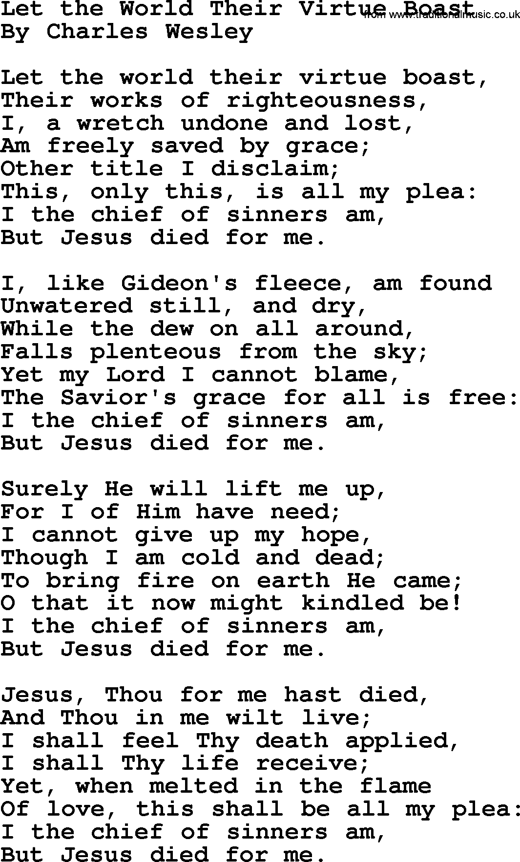 Charles Wesley hymn: Let The World Their Virtue Boast, lyrics