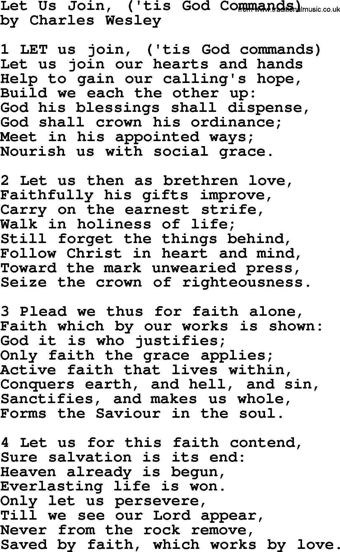 Charles Wesley hymn: Let Us Join, ('tis God Commands), lyrics