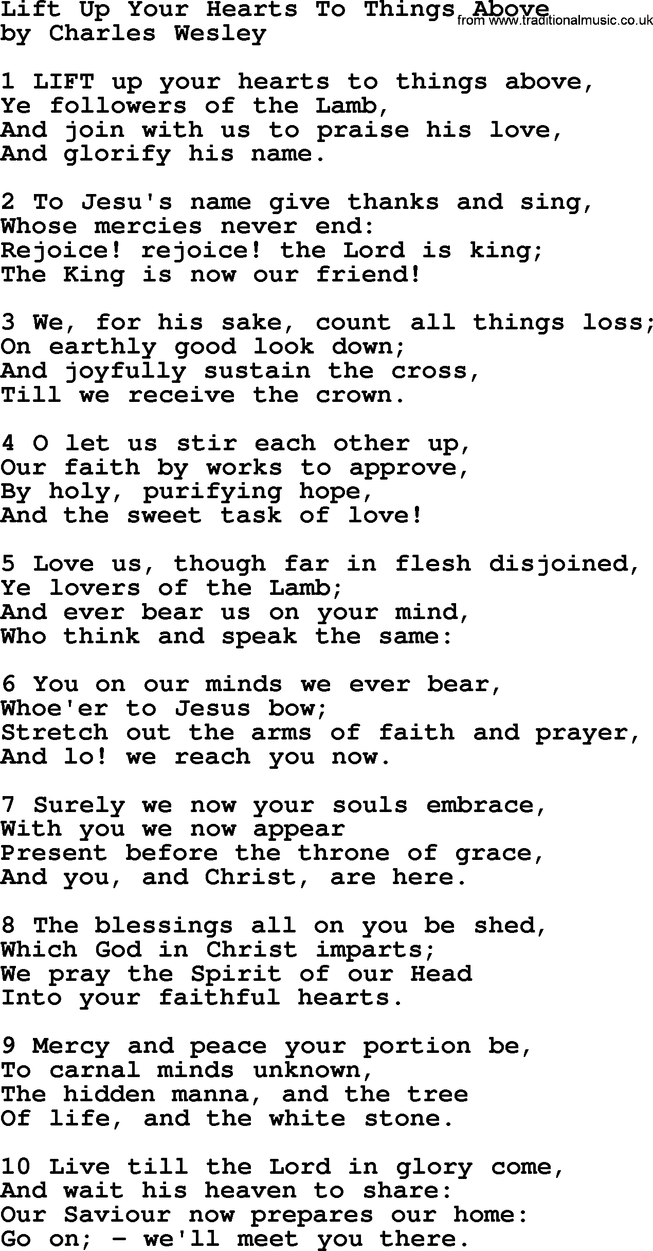 Charles Wesley hymn: Lift Up Your Hearts To Things Above, lyrics
