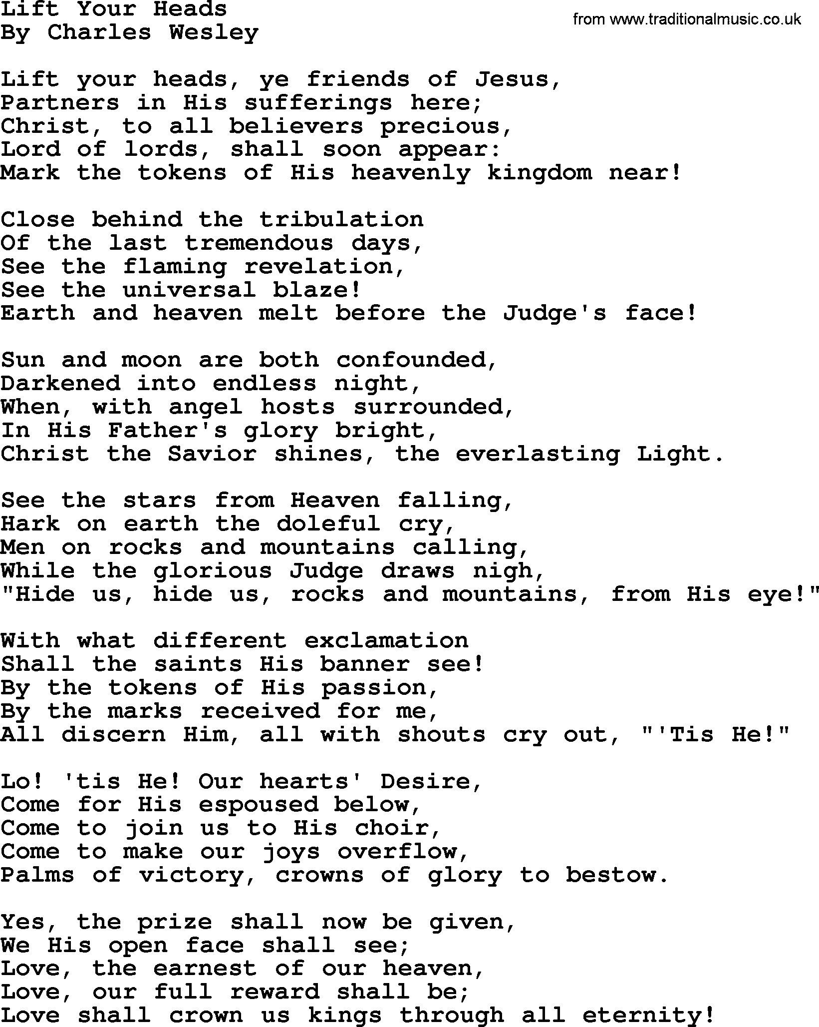Charles Wesley hymn: Lift Your Heads, lyrics