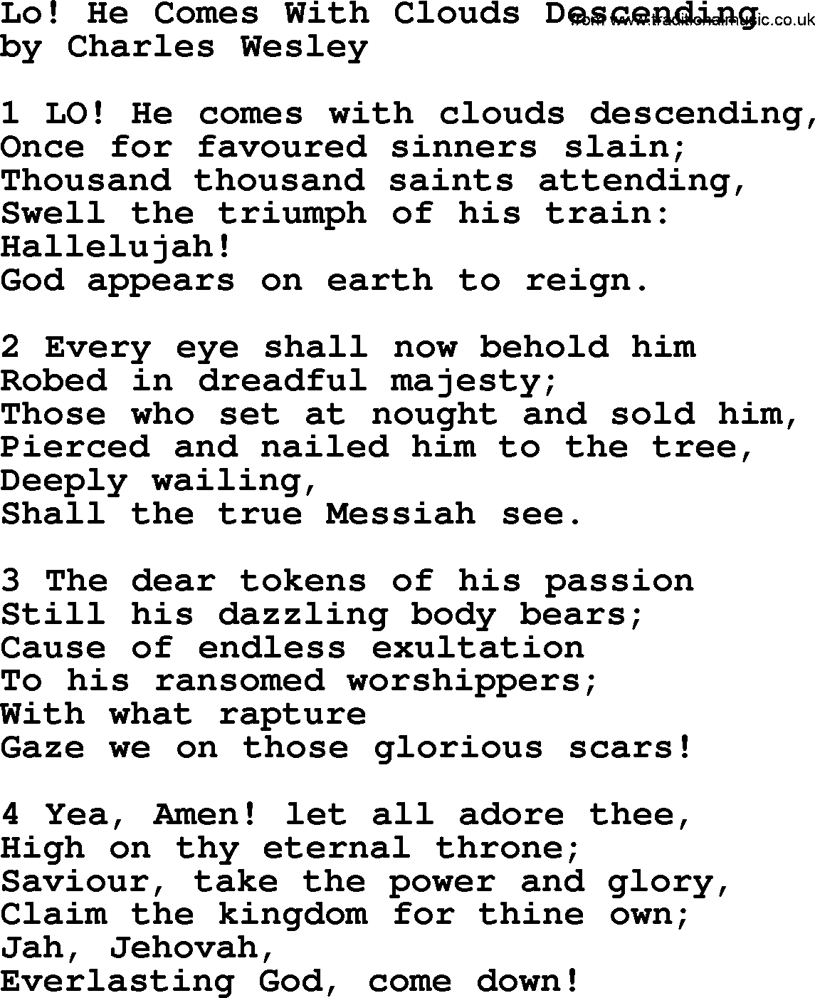 Charles Wesley hymn: Lo! He Comes With Clouds Descending, lyrics