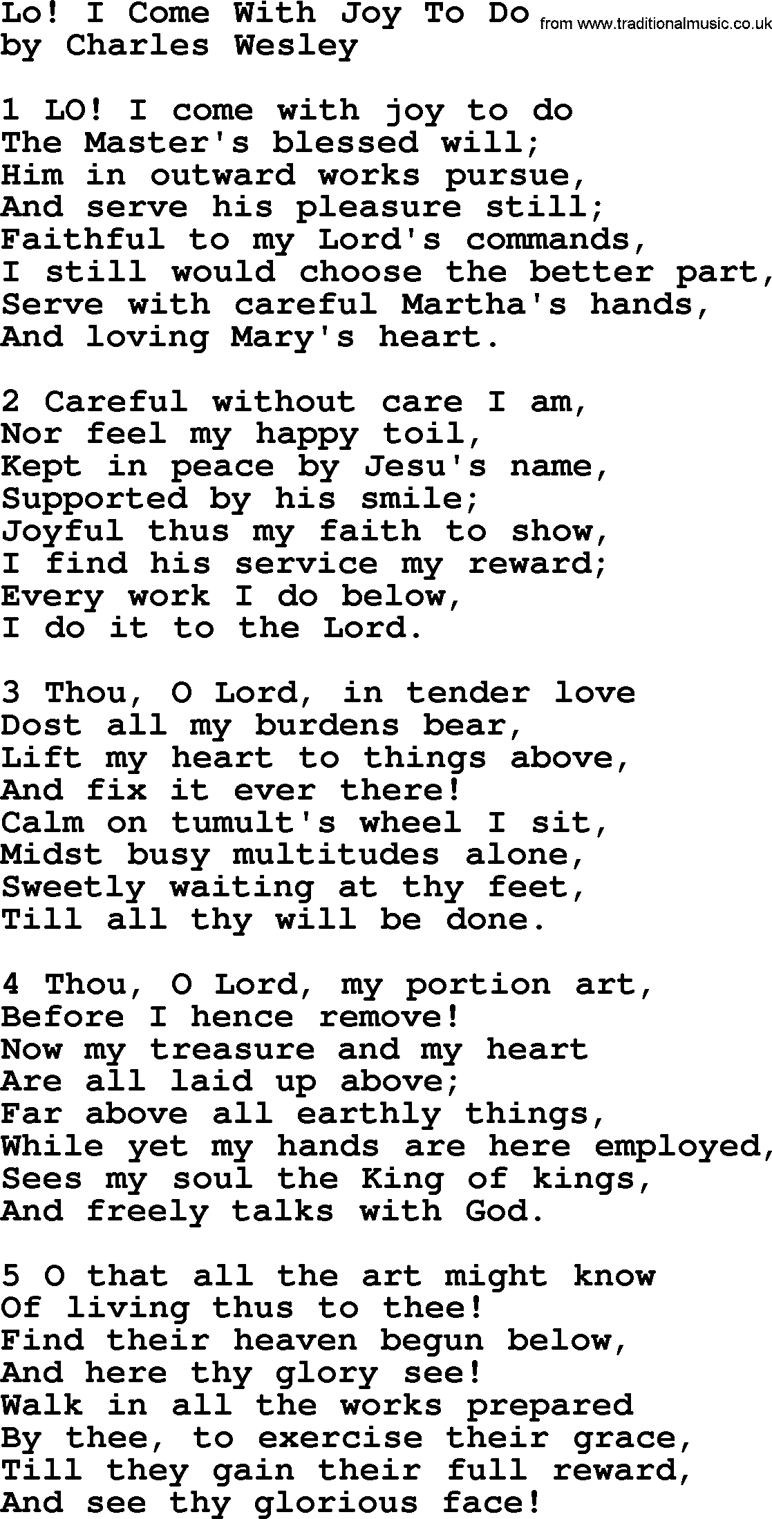 Charles Wesley hymn: Lo! I Come With Joy To Do, lyrics