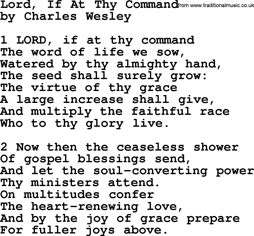 Charles Wesley hymn: Lord, If At Thy Command, lyrics