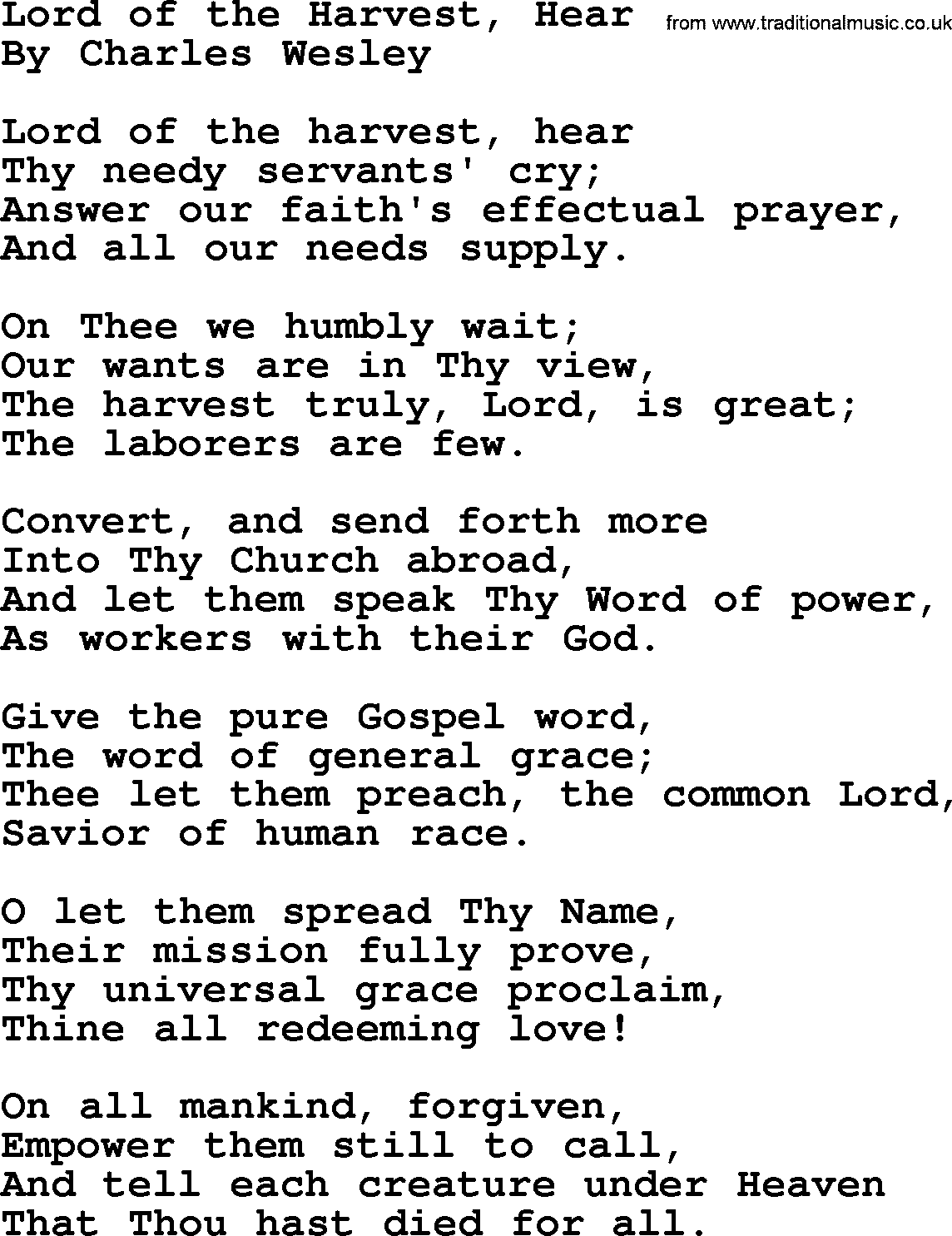 Charles Wesley hymn: Lord Of The Harvest, Hear, lyrics