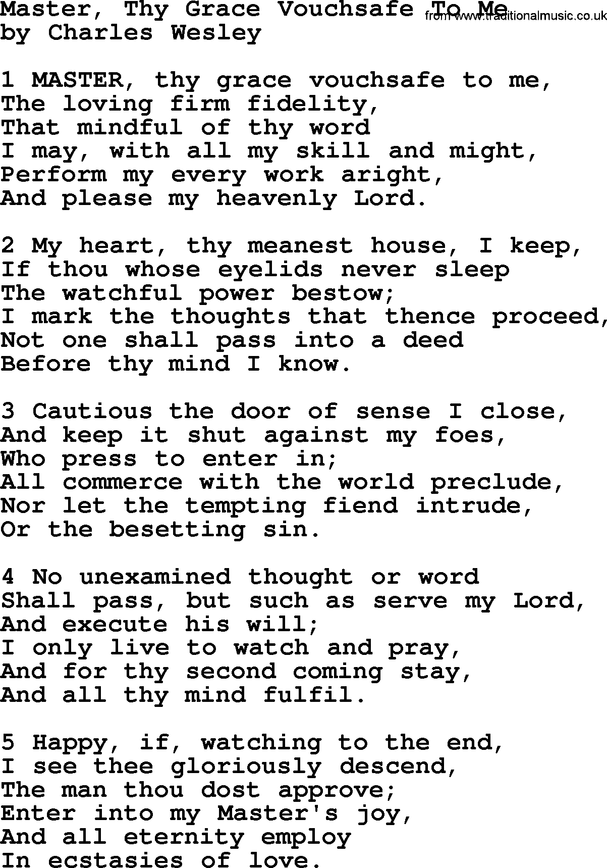 Charles Wesley hymn: Master, Thy Grace Vouchsafe To Me, lyrics