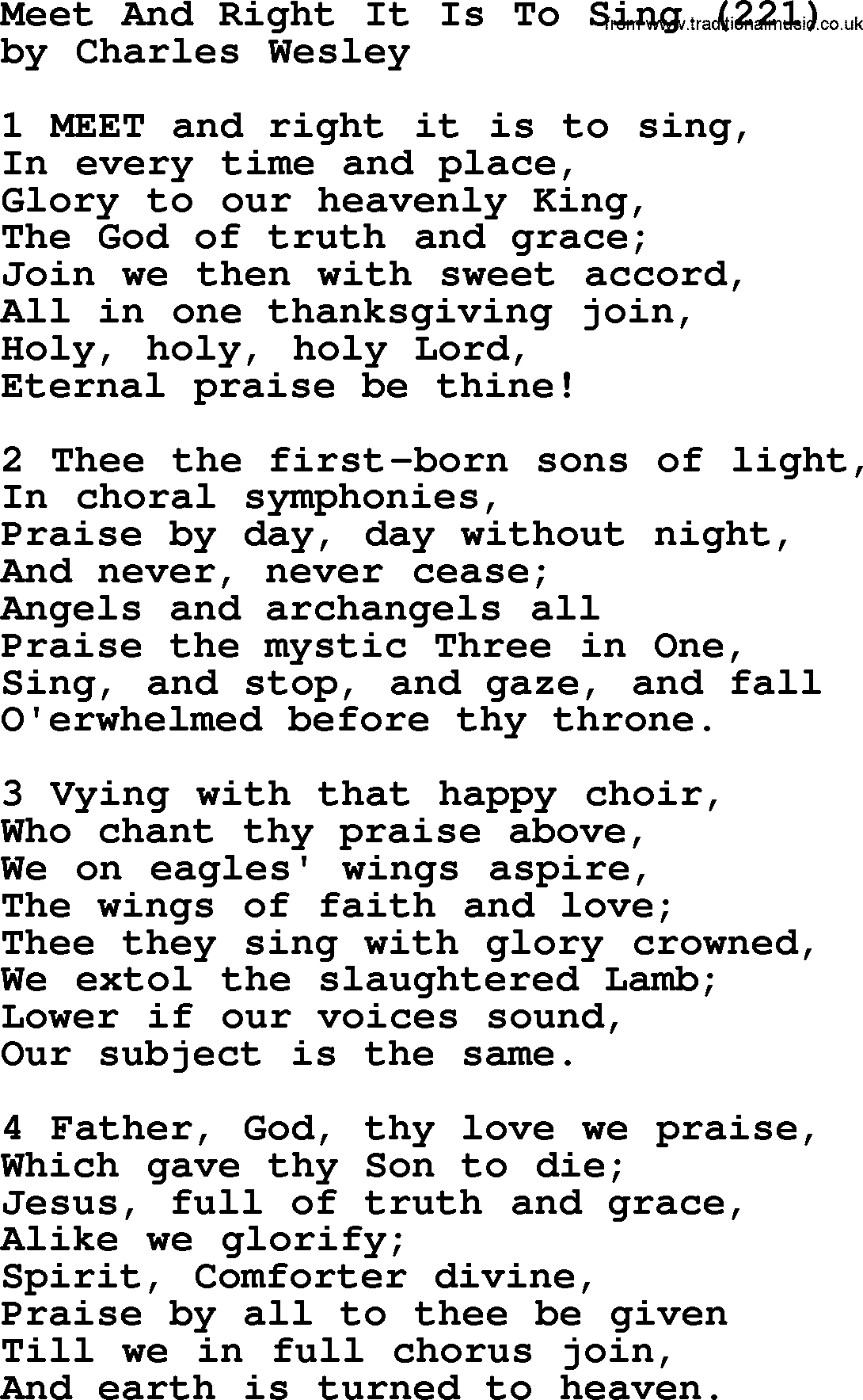 Charles Wesley hymn: Meet And Right It Is To Sing (221), lyrics