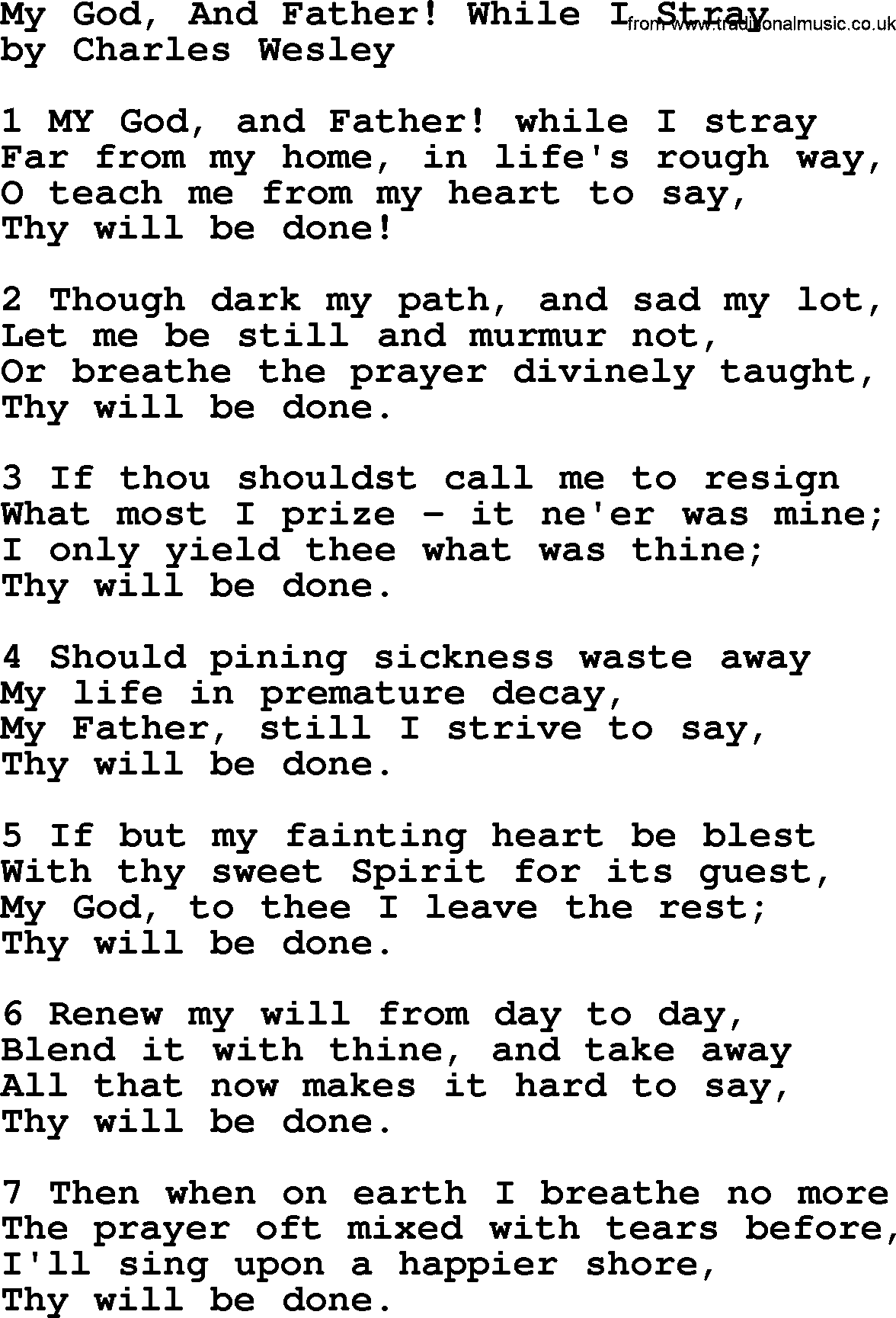Charles Wesley hymn: My God, And Father! While I Stray, lyrics