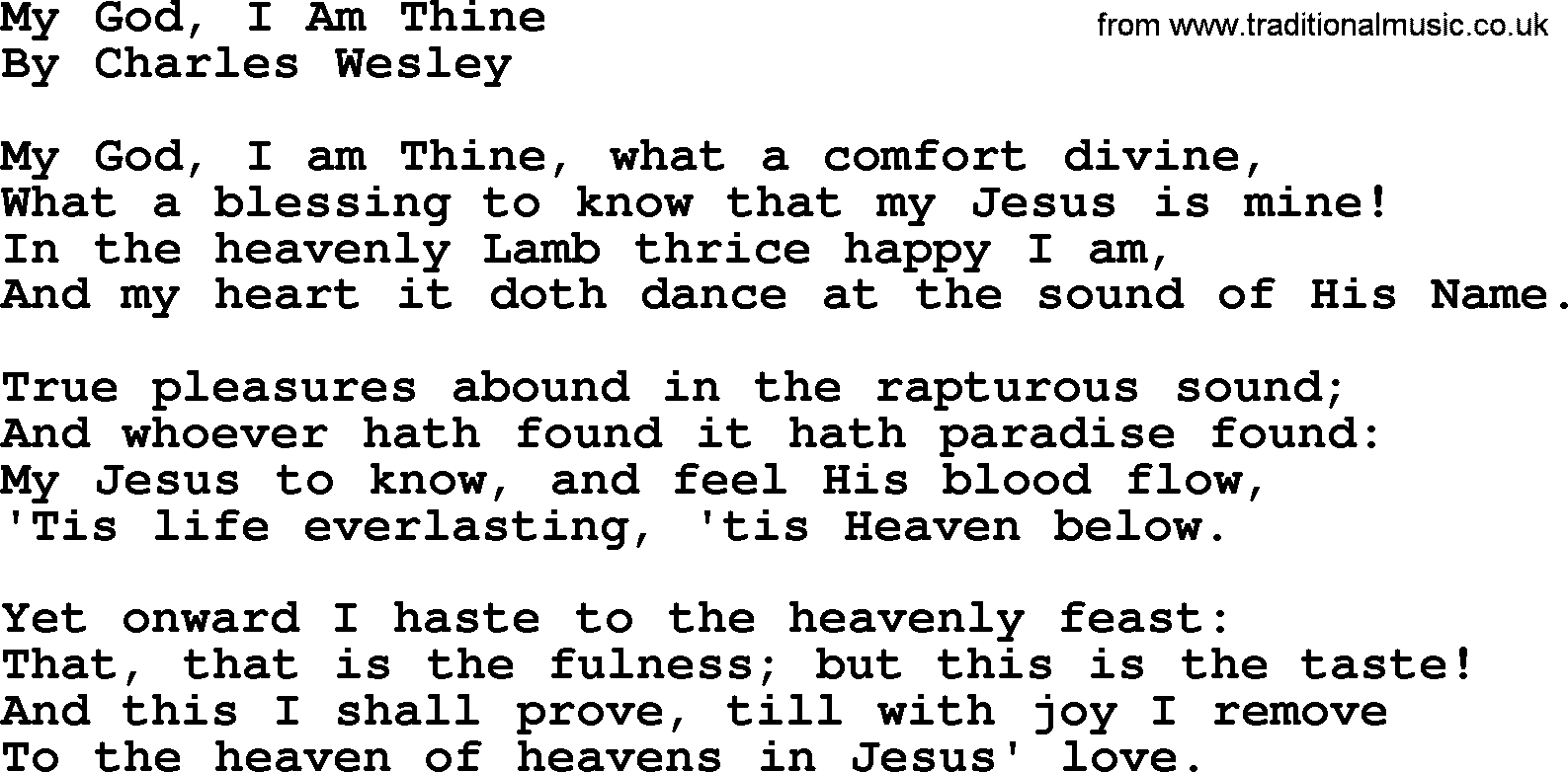 Charles Wesley hymn: My God, I Am Thine, lyrics