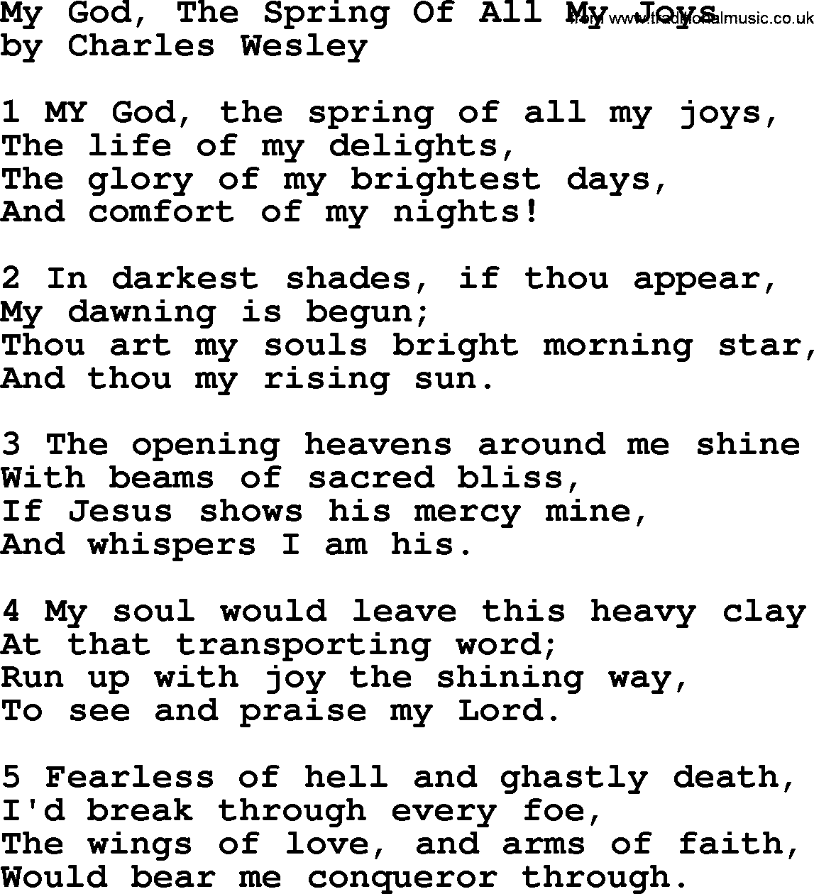 Charles Wesley hymn: My God, The Spring Of All My Joys, lyrics