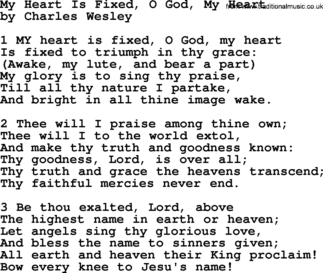 Charles Wesley hymn: My Heart Is Fixed, O God, My Heart, lyrics