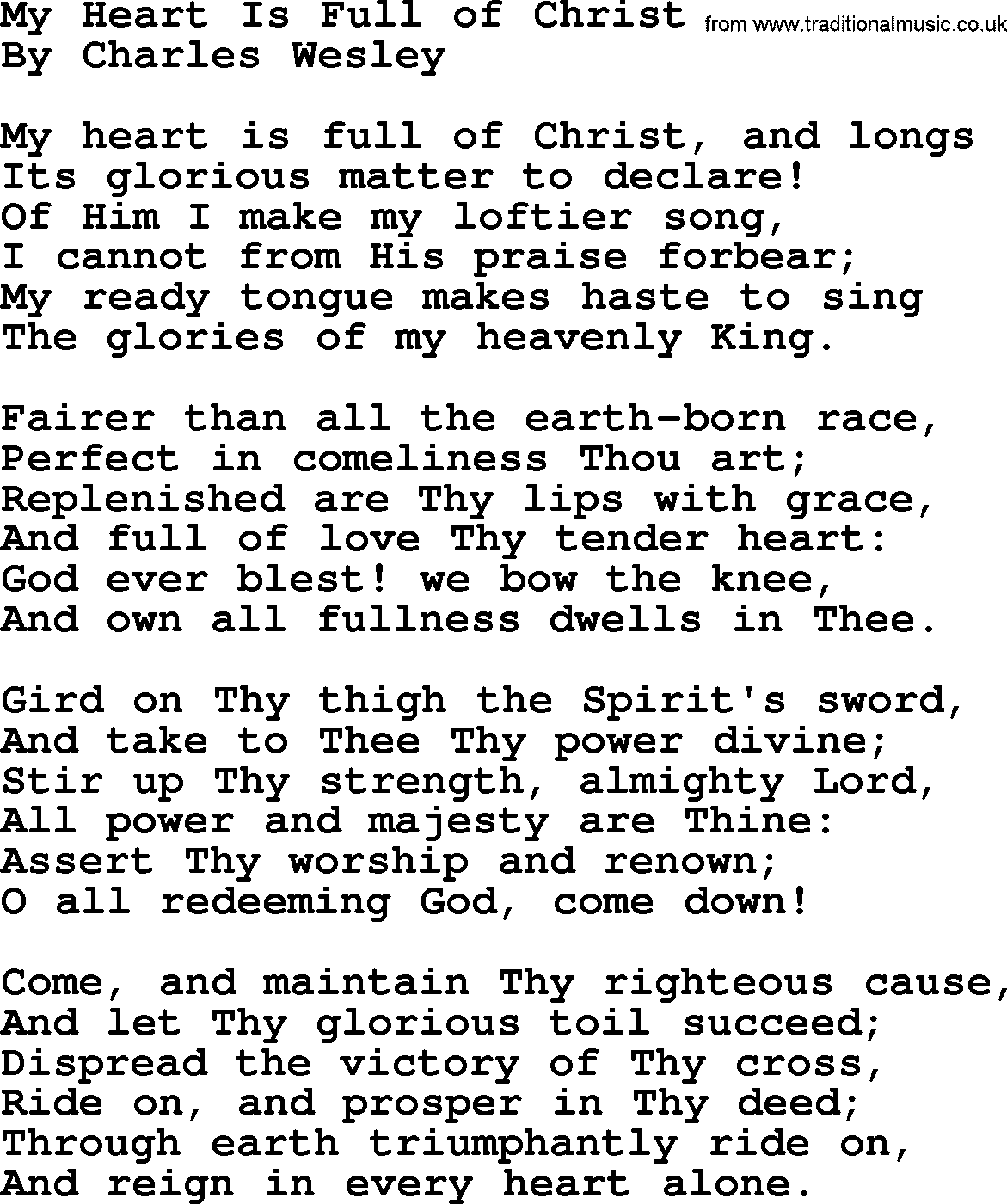 Charles Wesley hymn: My Heart Is Full of Christ, lyrics