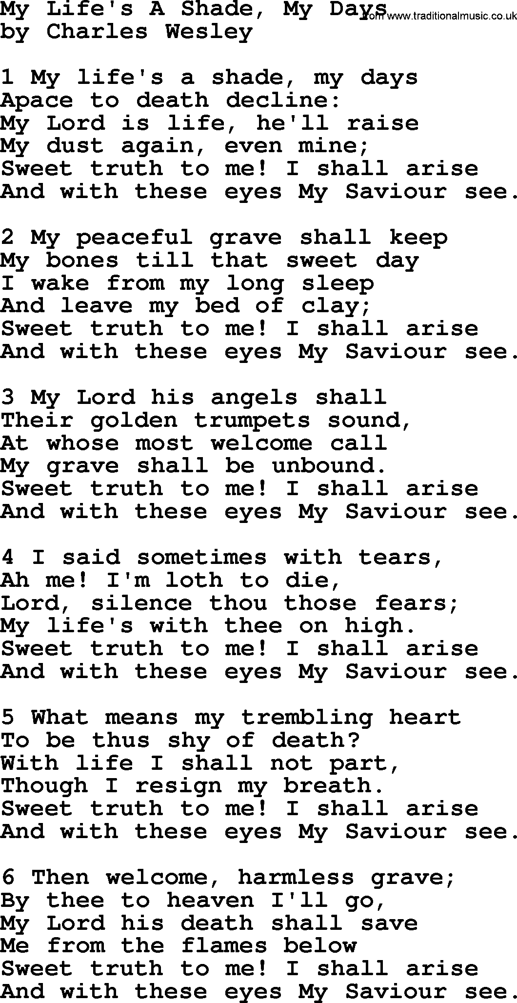 Charles Wesley hymn: My Life's A Shade, My Days, lyrics