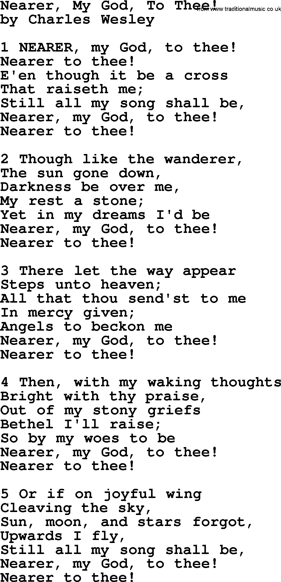Charles Wesley hymn: Nearer, My God, To Thee!, lyrics
