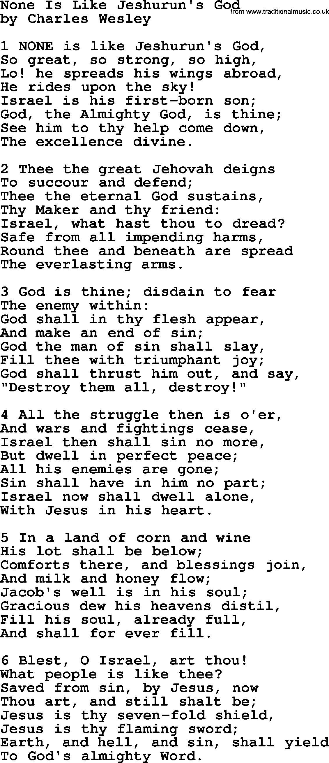 Charles Wesley hymn: None Is Like Jeshurun's God, lyrics